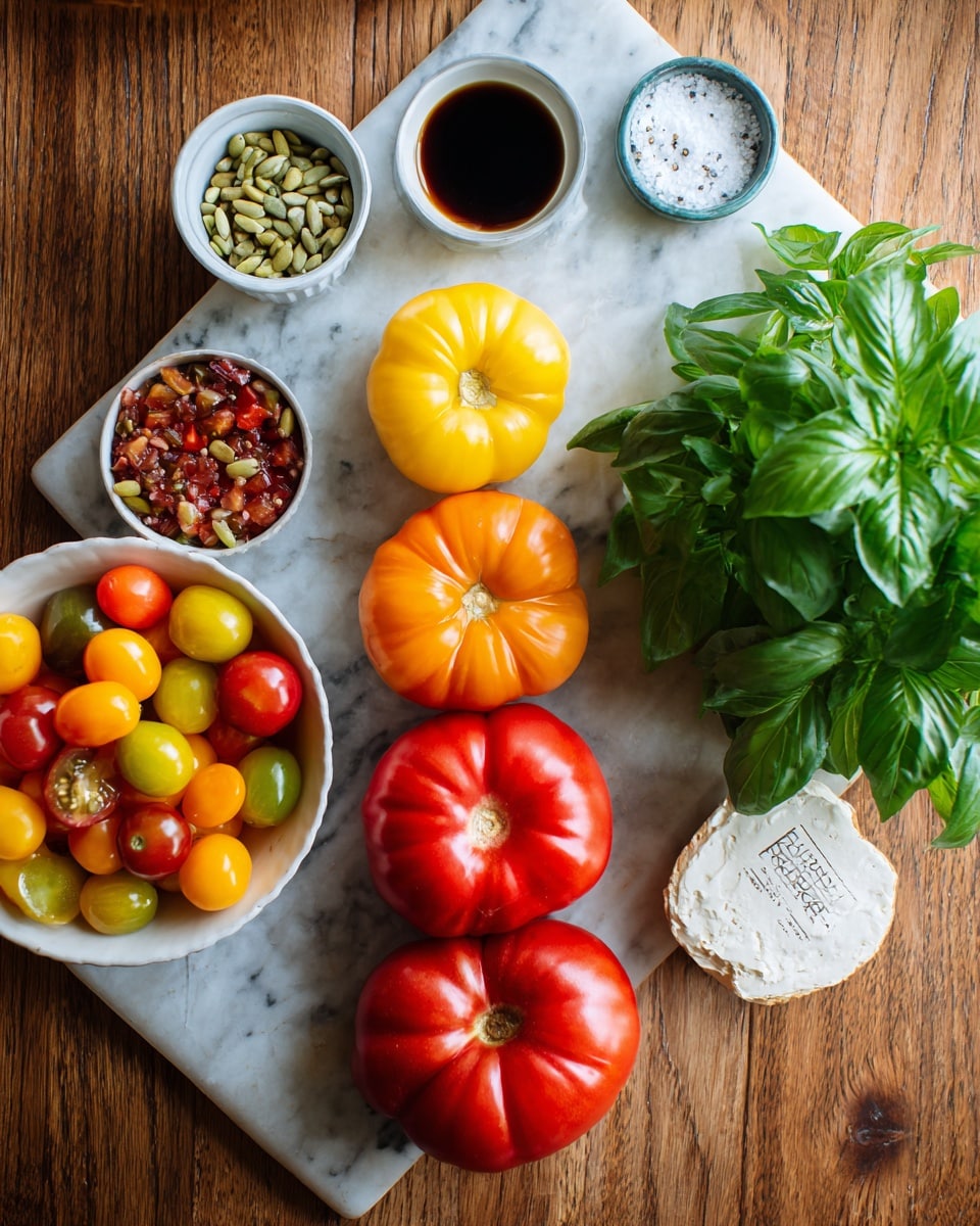 A wooden table with a white marbled texture background holds various ingredients for a recipe. At the center front, there are five different tomatoes of red, yellow, and orange colors arranged in a row. To the right side of the tomatoes is a leafy bunch of fresh green basil. To the left, there is a small white bowl filled with mixed grape tomatoes in yellow, red, and orange. Above the bowl, from left to right, there is a small white bowl with a dark liquid, a tiny white bowl with green seeds or nuts, a tiny white bowl with powdered spices, and a white container labeled