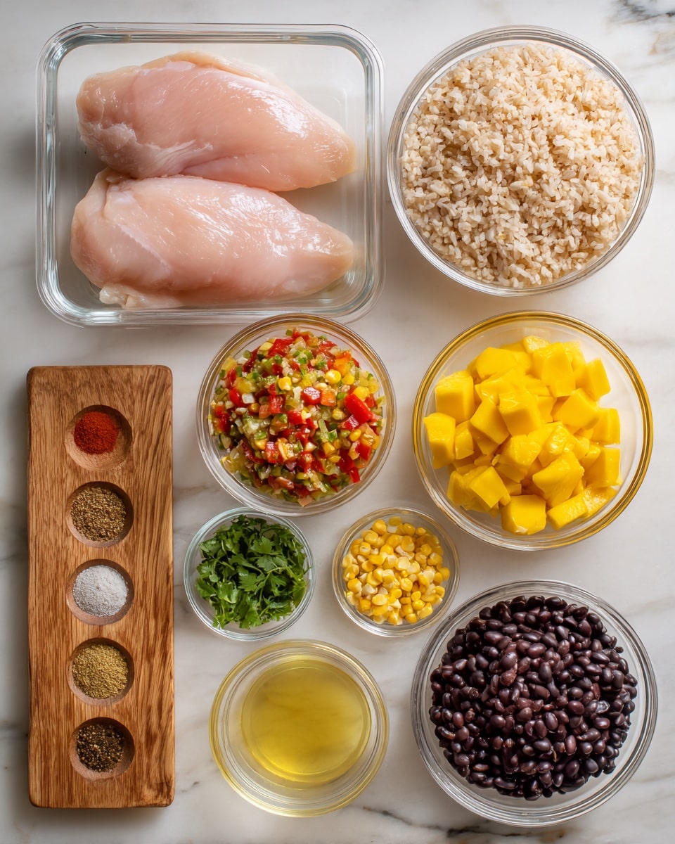 The image shows several ingredients arranged neatly on a white marbled surface. At the center, there is a clear container holding two large pieces of raw, light pink chicken. To the top right, a clear bowl is filled with light brown cooked rice. Above the chicken, a small bowl contains bright yellow diced mango. To the left of the mango, a medium bowl is filled with a colorful chunky salsa with red, yellow, and green bits in a liquid base. Below the chicken, there are three small clear bowls: one with chopped green herbs, one with bright yellow corn kernels, and one with black beans. To the left of the chicken, a small wooden board holds four spices in lines: salt, black pepper, red chili powder, and a light brown spice. To the right of the chicken, two small clear bowls hold minced garlic and light yellow liquid, respectively. photo taken with an iphone --ar 4:5 --v 7