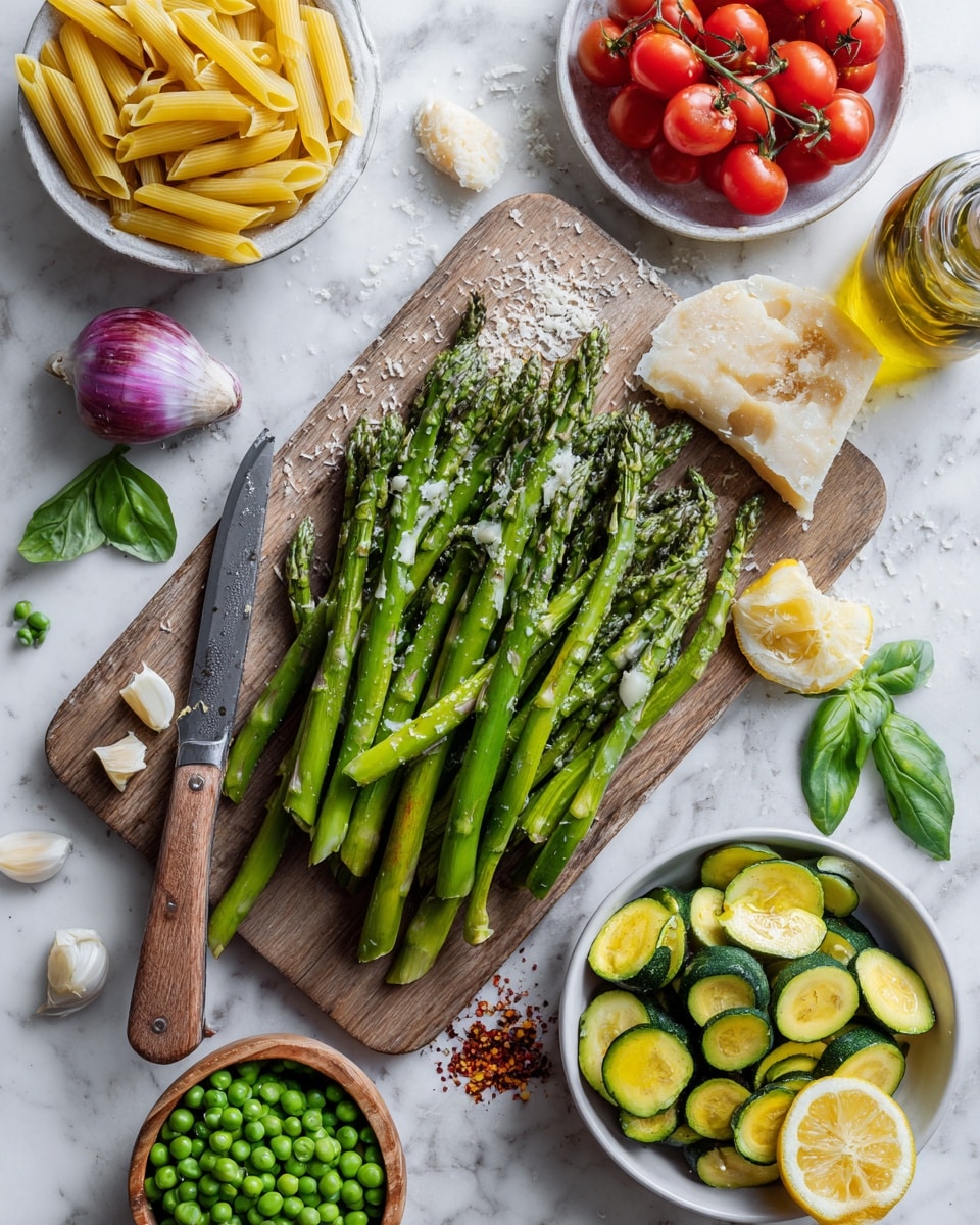A wooden board in the center holds fresh green asparagus spears, some sliced on top, accompanied by a large knife with a wooden handle. To the right of the board is a white bowl filled with green and yellow sliced zucchini and garlic cloves. In the bottom center, there is a small round wooden bowl filled with green peas. Above the board, to the right, is a white bowl full of small bright red tomatoes with green stems attached. To the top left, a clear glass jar holds uncooked yellow penne pasta. Next to the jar, a white plate with a wedge of Parmesan cheese and a small bowl of red pepper flakes sits, with half a purple onion visible partially on the left side. Fresh green basil leaves and a bottle of golden olive oil are placed at the top right. Two lemon halves are at the bottom right on the white marbled surface photo taken with an iphone --ar 4:5 --v 7