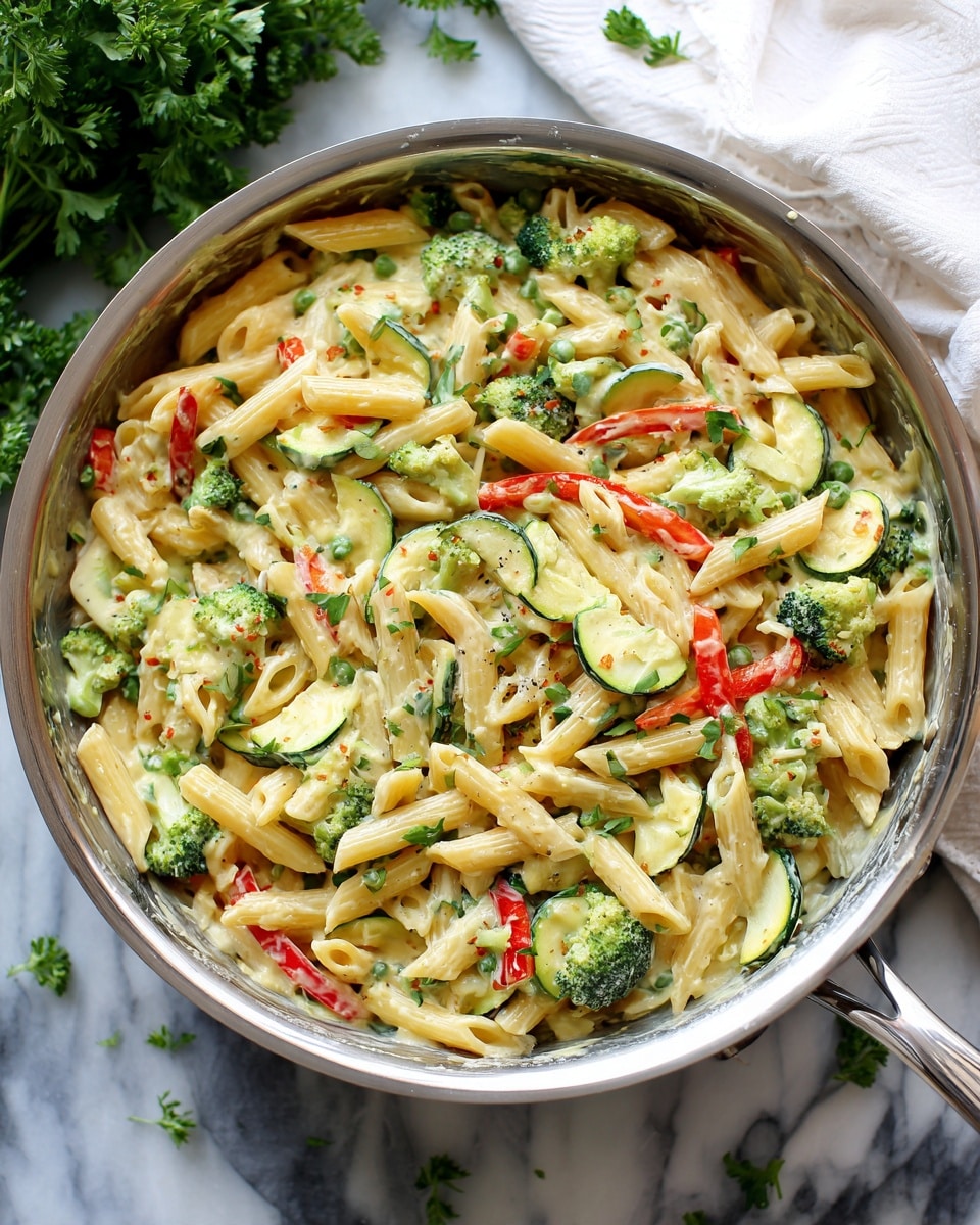 The image shows a large silver pan filled with creamy pasta and mixed vegetables. The pasta is penne-style, light yellow and coated with a white creamy sauce. Among the pasta are layers of bright green broccoli florets and peas, thin slices of pale green zucchini, and red bell pepper strips that add a splash of color. The sauce looks smooth and rich, covering the pasta and vegetables evenly, with a few small green herbs sprinkled on top. The pan is set on a white marbled surface with some green parsley and a white cloth visible in the background. photo taken with an iphone --ar 4:5 --v 7