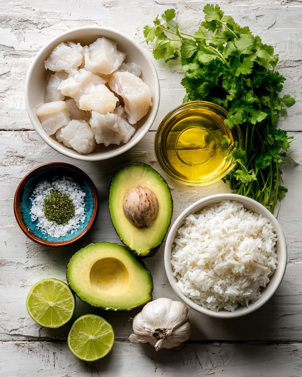 The image shows a wooden table with several ingredients neatly arranged. Starting from the left, there is a white bowl filled with raw white fish chunks. Next to it is a small blue and brown bowl containing coarse salt and green herbs. Below this bowl is a whole garlic bulb. In the center, three avocado halves are placed, one with the seed inside. Behind the avocados is a clear glass container with golden olive oil, and beside that is a bunch of fresh green cilantro. On the right side, there are two white bowls filled with cooked white rice. In front of these bowls, there are four lime halves arranged with the cut sides facing up. All of these items are set against a white marbled texture surface. photo taken with an iphone --ar 4:5 --v 7