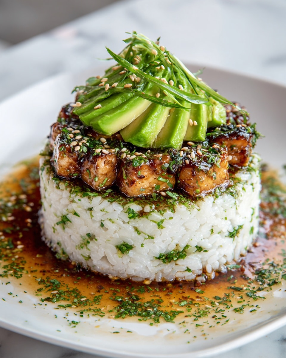 A three-layer dish on a white plate with a white marbled surface beneath it. The bottom layer is a round mound of white rice, slightly sticky in texture and sprinkled with green herbs. Above the rice, there is a thick layer of golden-browned grilled meat or fish pieces with a slightly crispy, caramelized outside and garnished with finely chopped herbs. On top, there are thin slices of fresh green avocado fanned neatly over the meat, sprinkled with sesame seeds. Around the base of the rice, there is a light brown sauce with visible herbs spreading slightly on the plate. Photo taken with an iphone --ar 4:5 --v 7