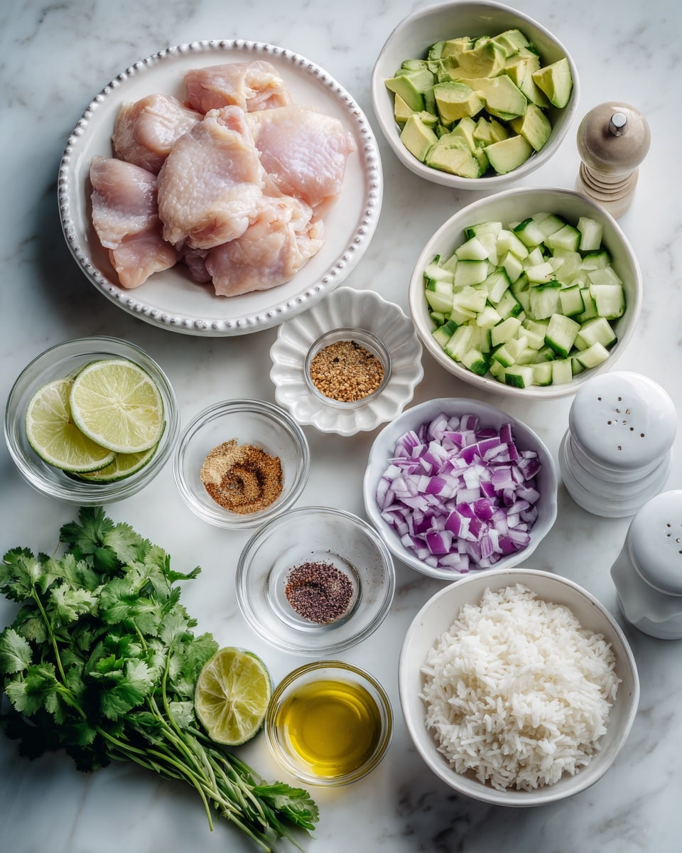 The image shows raw chicken thighs placed centrally in a white bowl with a beaded edge. Surrounding them are small white bowls each holding ingredients: diced green cucumbers, cubed light green avocados, finely chopped purple onions, and cooked white rice in a wider white bowl with a rim. There are also small clear glass bowls holding reddish-brown, light beige, and dark brown spices. Lime wedges sit in a scalloped white bowl, and there are a couple of small dipping bowls with golden and pale yellow oils, beside a bunch of fresh green cilantro. A white pepper grinder and a white salted container are also visible on the white marbled surface photo taken with an iphone --ar 4:5 --v 7