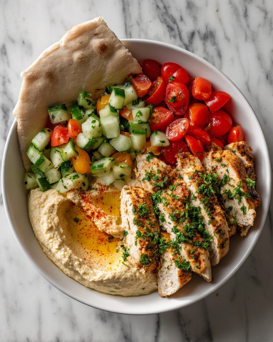 A white bowl contains three main layers: a colorful fresh salad made of chopped cucumbers, cherry tomatoes, and red bell pepper on the left side, creamy beige hummus with a smooth texture and sprinkled with a little paprika on the right bottom side, and several pieces of orange-spiced cooked chicken topped with chopped green herbs piled on the right top side. Resting on the edge of the bowl is a folded piece of light brown pita bread. The bowl is placed on a white marbled surface. photo taken with an iphone --ar 4:5 --v 7