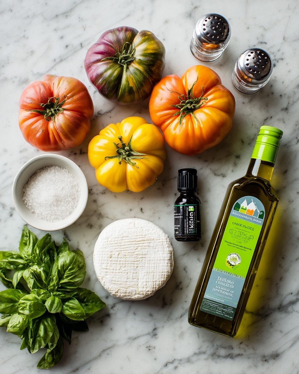 The image shows fresh ingredients laid out on a white marbled surface. There are five heirloom tomatoes in different colors and sizes, including orange, yellow, and dark red-purple, arranged mostly in the top center area. Near the bottom center, there is a white circular container of burrata cheese with a green and black label. To the right of it, there is a small dark bottle of glaze with a black cap. Above the glaze bottle, a green bottle of extra virgin olive oil with a bright green label and green cap stands upright. On the left side of the image, there is a cluster of fresh green basil leaves. Next to it on the far left side, a clear salt grinder and a white bowl filled with salt complete the ingredients. photo taken with an iphone --ar 4:5 --v 7