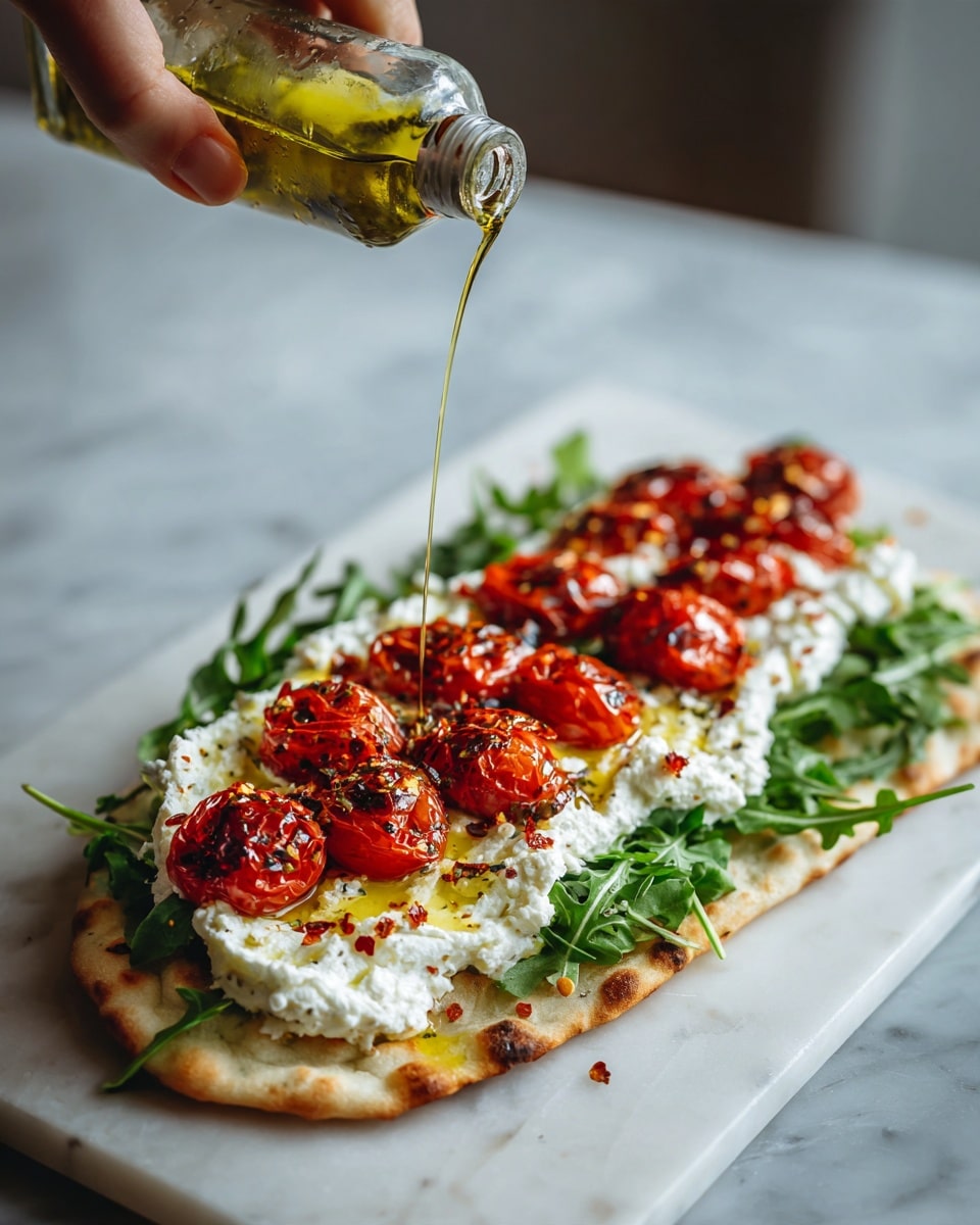A flat oval-shaped white flatbread is the base of the dish, topped with a layer of green leafy arugula spread evenly across it. On top of the arugula, there is a thick, creamy white cheese spread, textured with soft peaks and small curds. Bright red roasted cherry tomato halves are arranged in a dense row across the middle, glistening with a light drizzle of golden olive oil being poured from a bottle held by a woman's hand. The tomatoes are slightly wrinkled, showing roasted texture with small black pepper and red chili flakes sprinkled on top. The background is a white marbled surface. photo taken with an iphone --ar 4:5 --v 7