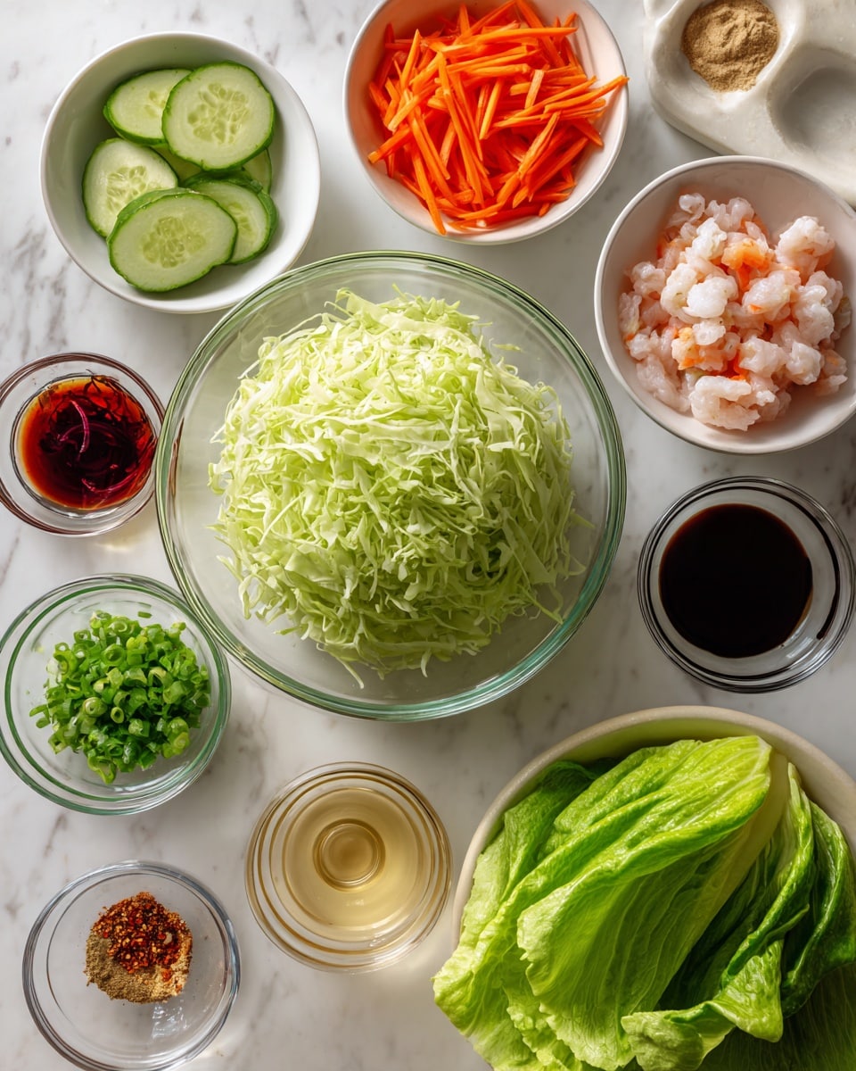 The image shows a top view of multiple white bowls and a glass bowl arranged on a white marbled surface. The largest glass bowl in the center contains a mound of shredded pale green cabbage. To its upper left, a white bowl holds thin cucumber slices while below it a smaller bowl contains bright orange thin carrot slices. At the upper right, a white bowl is filled with small pieces of pale pink raw fish. Below that, there is a fresh, round green lettuce head with large leafy layers. Surrounding these bowls are small containers holding different condiments, including dark soy sauce, a red paste, chopped green onions, a clear liquid, a beige sauce, and a small bowl of ground spices. The arrangement is clean and organized. Photo taken with an iphone --ar 4:5 --v 7