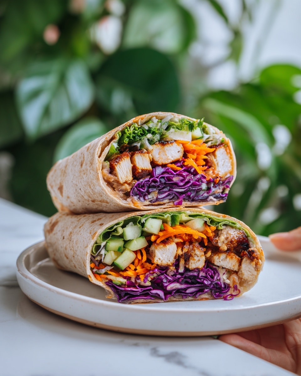 The image shows two tortilla wraps cut in half and stacked on a white plate. Each wrap has three clear layers: the outer light-brown tortilla, then a layer of grilled light tan chicken pieces, and inside, a colorful mix of finely shredded dark purple cabbage, bright orange carrot pieces, and fresh green cucumber strips and lettuce. The background is a white marbled surface, with lush green plants softly blurred in the back. A woman's hand is partially holding one wrap, adding a sense of scale and casual freshness to the photo taken with an iphone --ar 4:5 --v 7