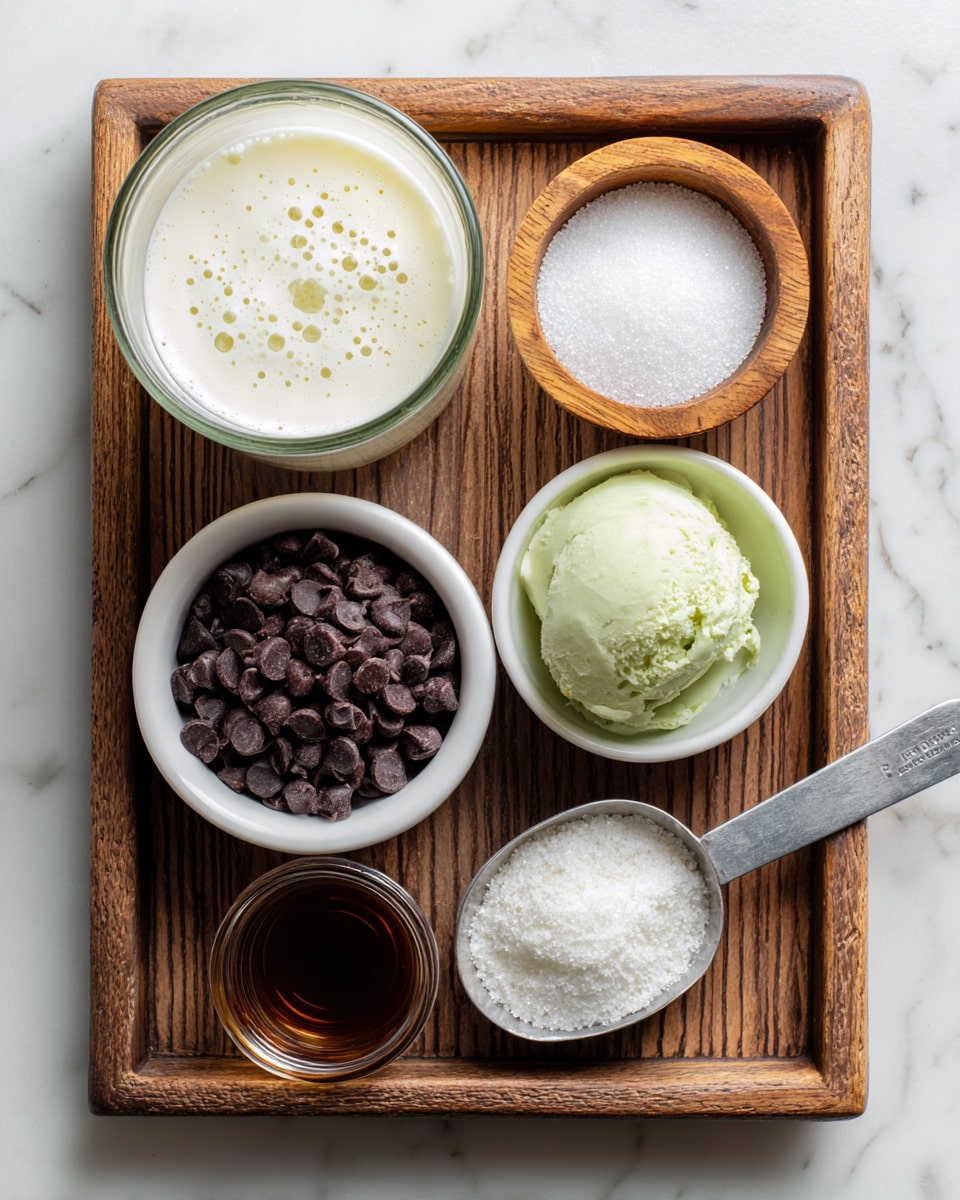 The image shows five small containers placed on a wooden textured tray with a white marbled surface underneath. At the top is a glass cup filled with a creamy white liquid, with bubbles on the surface. To the right of the glass is a small wooden bowl filled with white granulated sugar. Below the glass is a white bowl filled with dark chocolate chips, nearly overflowing. Next to the chocolate chips, on the right, is a small white bowl holding a smooth scoop of pale green butter. At the bottom left is a clear glass container with a small amount of dark brown liquid, likely vanilla extract. Finally, at the bottom right is a metal measuring spoon filled with white powder, likely baking soda or salt. photo taken with an iphone --ar 4:5 --v 7