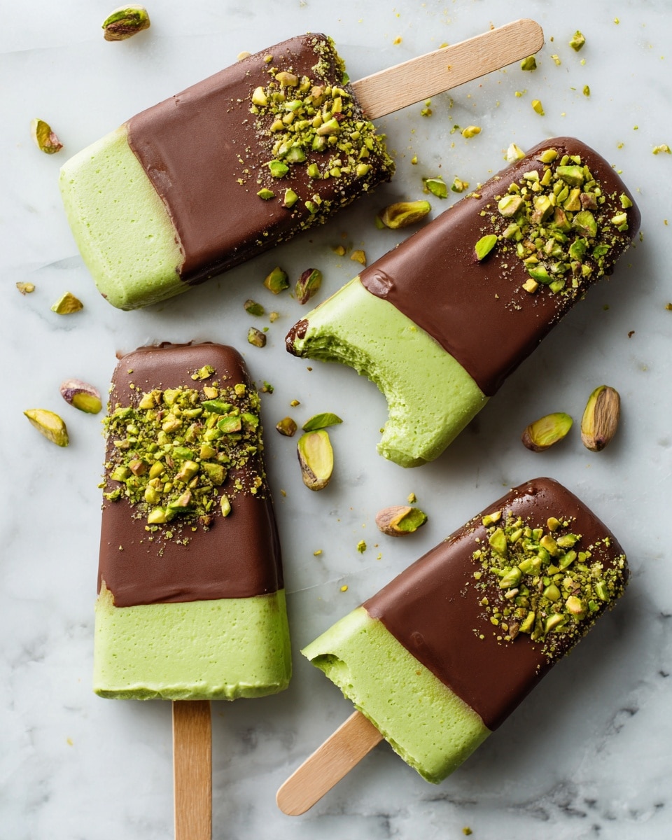 The image shows four ice cream bars on a white marbled surface. Each bar has three layers: a thin crunchy dark brown chocolate outer shell, a bright green creamy middle layer, and a wooden stick at the bottom. One ice cream bar is bitten into, showing the smooth green inside and the thick chocolate coating. The tops of the bars are sprinkled with small, vibrant green chopped pistachio nuts, adding texture and color contrast. Scattered pistachio pieces surround the bars, enhancing the natural look. photo taken with an iphone --ar 4:5 --v 7
