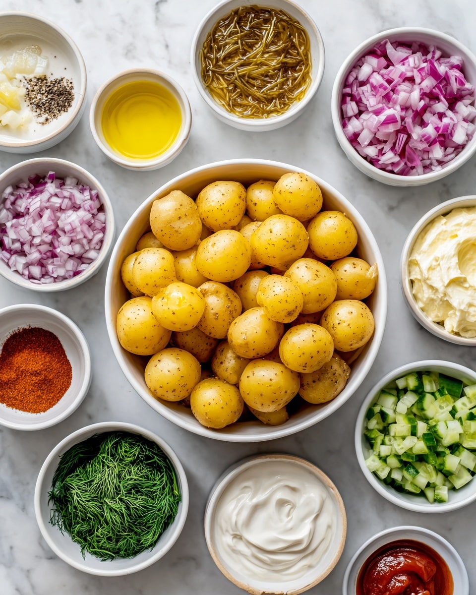 The image shows a white bowl in the center filled with small yellow potatoes. Around this bowl, several smaller white bowls hold different ingredients: diced red onions, olive oil, chopped pickles, lemon juice, black pepper, minced garlic, honey, hot sauce, salt, sour cream, chopped chives, fresh dill, creamy mayonnaise, chopped cucumber, and a mix of spices including paprika and garlic powder. All bowls are placed on a white marbled surface, creating a neat and colorful arrangement. Photo taken with an iphone --ar 4:5 --v 7