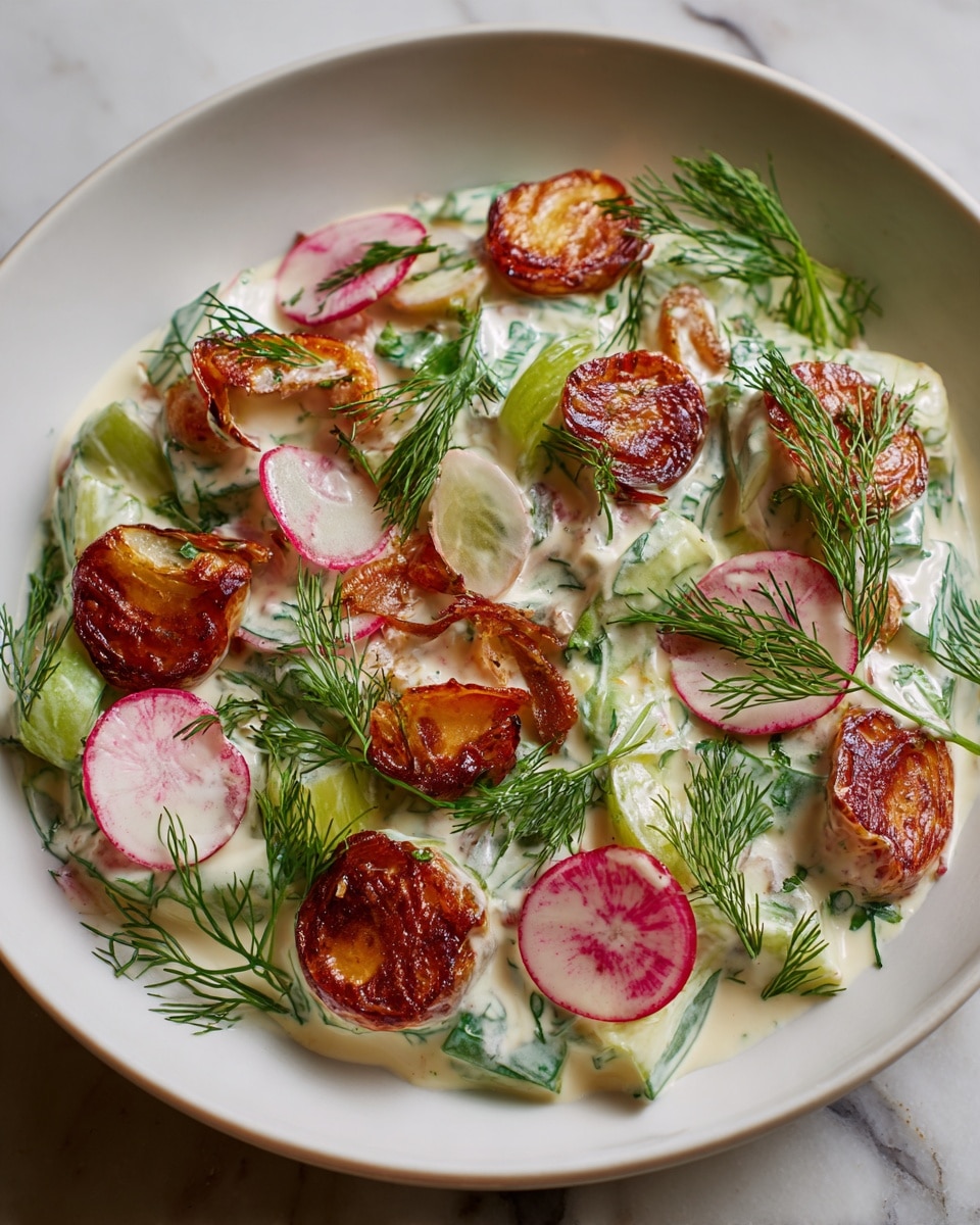 The dish is a close-up view of a colorful salad on a white plate. The salad has three main layers: the base is a creamy, white sauce mixed with chopped green herbs and thin celery slices; scattered throughout are thin, round slices of radish with bright red edges and white centers; on top are crispy, golden-brown roasted pieces with a slightly caramelized texture, adding a crunchy look. Sprigs of fresh dill with fine green leaves are spread over the salad, giving a fresh, natural feel. The white marbled surface underneath highlights the vibrant colors of the ingredients. photo taken with an iphone --ar 4:5 --v 7