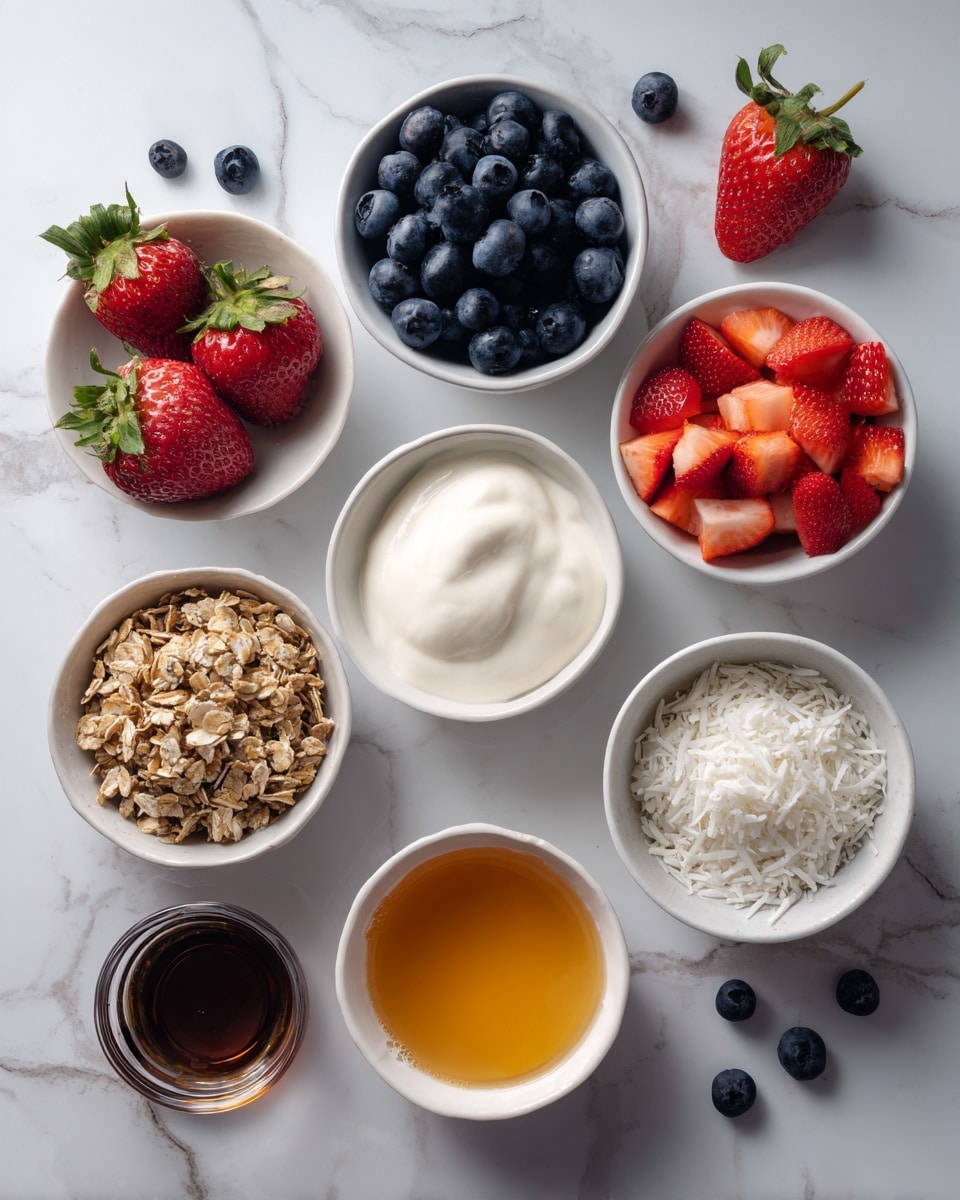 The image shows seven small white bowls arranged on a white marbled surface. The top left bowl holds whole strawberries beside it, and next to it on the right is a bowl filled with broccoli-sized blueberries, with a few blueberries scattered below. In the center is a bowl containing a smooth white creamy substance. Next to it on the right is a bowl filled with small diced strawberries. Below, there is a bowl on the right with a bright golden honey-like liquid, and to the left are two more bowls: one filled with granola and the other with shredded coconut flakes. A small glass cup with dark brown liquid is also visible near the granola bowl, and a single strawberry is placed below the shredded coconut. Photo taken with an iphone --ar 4:5 --v 7