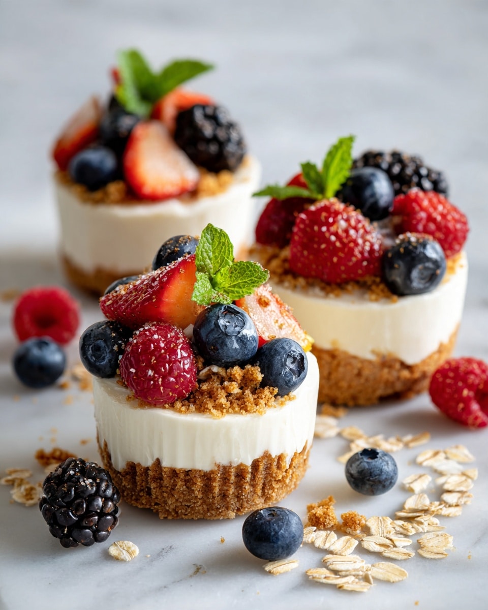 The image shows three small cheesecake cups on a white marbled surface. Each cheesecake has three layers: a bottom layer of crushed golden brown graham cracker crumbs, a thick middle layer of creamy white cheesecake filling, and a top layer of fresh mixed berries including blueberries, raspberries, blackberries, and strawberries, along with a small mint leaf and some sprinkled oats. A few stray oats and berries are placed around the cheesecake cups for decoration. Photo taken with an iphone --ar 4:5 --v 7
