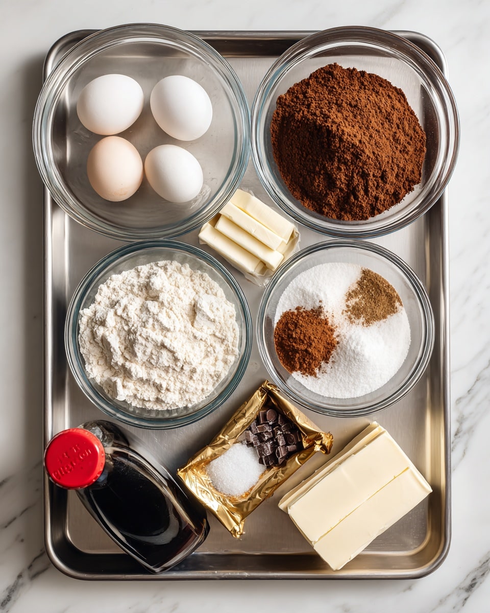 The image shows a silver baking tray holding several clear glass bowls and items arranged neatly on a white marbled surface. There are three eggs in one bowl in the top left, a large bowl filled with brown cocoa powder on the top right, and a bowl with white flour and a small pile of cinnamon or similar spice in the middle right. A bowl in the bottom left holds white and light brown sugar mixed together. In the bottom right corner, there is a shiny gold package of chocolate chips. A bottle with a dark liquid and a red cap is placed on the left side, and three sticks of white butter are near the top center. Everything is organized simply and cleanly. photo taken with an iphone --ar 4:5 --v 7
