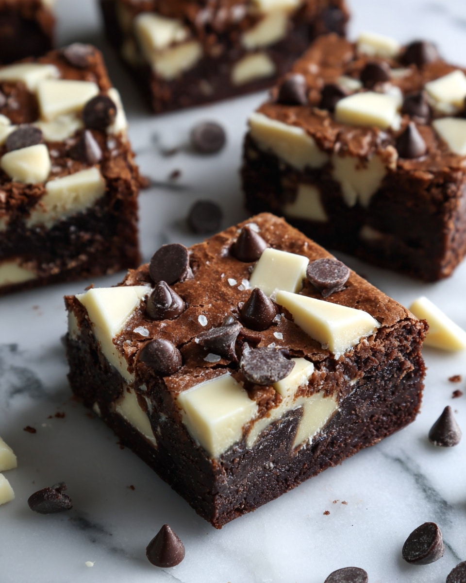 A close-up view of thick, square brownies with a rich, dark chocolate base visible in the bottom layer, topped with large chunks of white chocolate and scattered dark chocolate chips, creating a textured, uneven surface with a shiny, slightly cracked top layer. The brownies are placed on a white marbled surface, with some crumbs and chocolate chips scattered around. The image includes one brownie piece that is slightly separated from the rest, showing the dense, moist texture inside. photo taken with an iphone --ar 4:5 --v 7