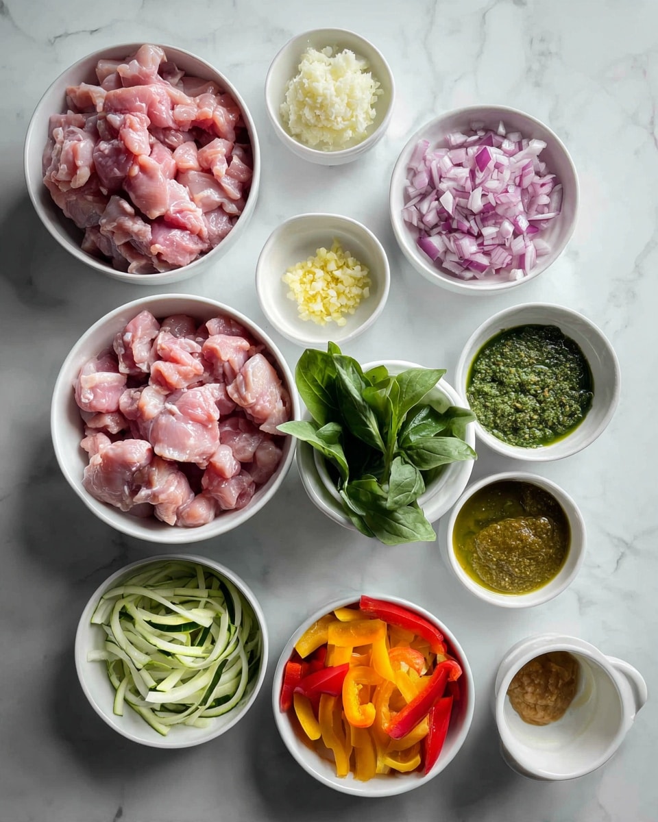 The image shows several small white bowls and containers arranged on a white marbled surface, each holding different ingredients. Starting from the left, there is a white bowl filled with raw pink chicken pieces, next to it a white bowl with chopped red onions. Above these are two small bowls containing minced garlic and grated ginger. Near the center is a small bunch of fresh green leaves, likely spinach or basil, in one cup. To the right, there is a white bowl filled with sliced vegetables including green zucchini and orange bell pepper. Above are containers with light brown paste, green chopped herbs, and liquid ingredients such as cream and coconut milk in small cartons. The whole setup looks neat and colorful with a balance of raw meats, fresh herbs, and vegetables. Photo taken with an iphone --ar 4:5 --v 7