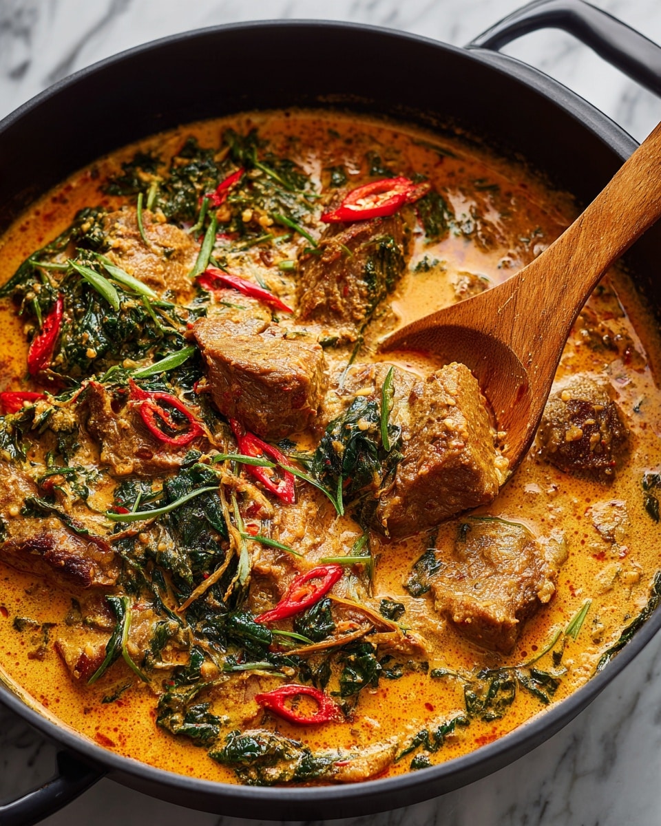 A close-up view of a creamy orange curry dish in a black pan filled with tender chunks of meat and vegetables layered in rich, smooth sauce. The dish is garnished with dark green fresh herbs and slices of red chili scattered on top, adding a pop of color. The curry’s texture looks thick and velvety, with visible pieces of vegetables and leafy herbs floating throughout. A wooden spoon rests in the pan, partially scooping the curry, showing the mixture's consistency and ingredients. The background features a white marbled surface. photo taken with an iphone --ar 4:5 --v 7