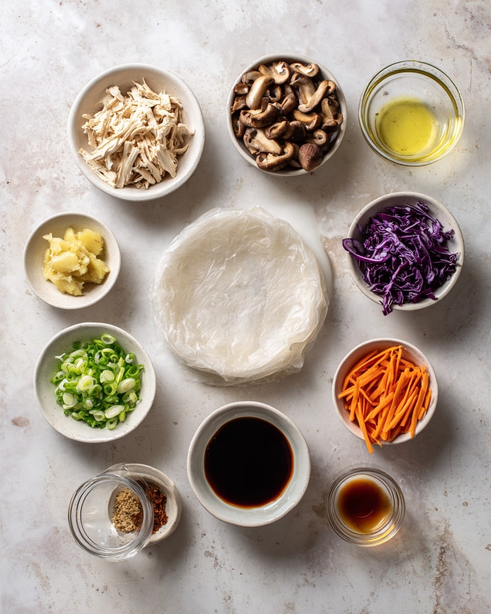 The image shows a white marbled surface with a single round translucent rice paper wrapper in the center. Around it, various ingredients are placed in small white bowls and measuring cups arranged in a circular shape. At 12 o’clock, there is a bowl of shredded light beige tofu. At one o’clock, minced pale yellow ginger is in a small white bowl, and next to it is a small white bowl with a small amount of grated light brown ginger. At three o’clock, there is a metal measuring cup filled with chopped brown mushrooms and a clear glass bowl of light yellow oil. At five o’clock, finely chopped green onions sit in a small clear glass bowl. At six o’clock, a small white bowl holds thin orange carrot sticks. At eight o’clock, a metal measuring cup contains shredded purple cabbage. At nine o’clock, a clear glass bowl contains dark brown soy sauce, and next to it is a small white bowl with a small amount of amber-brown liquid, likely vinegar or sauce. The colors are soft and natural with a clean and fresh look. photo taken with an iphone --ar 4:5 --v 7