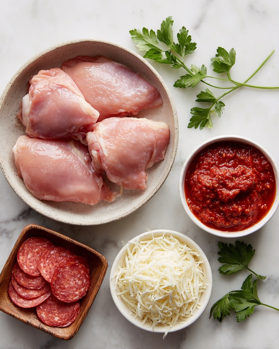 The image shows a bowl filled with six raw chicken thighs, pink and smooth, arranged neatly on a white marbled surface. To the right, a small white bowl holds a thick, bright red tomato sauce with a slightly chunky texture. Below it, another white bowl is heaped with shredded white cheese that looks soft and fresh. In the lower left corner, a square wooden bowl contains several thin, round slices of pepperoni stacked lightly on each other. Green parsley leaves are scattered around the bowls, adding a fresh touch to the scene. photo taken with an iphone --ar 4:5 --v 7