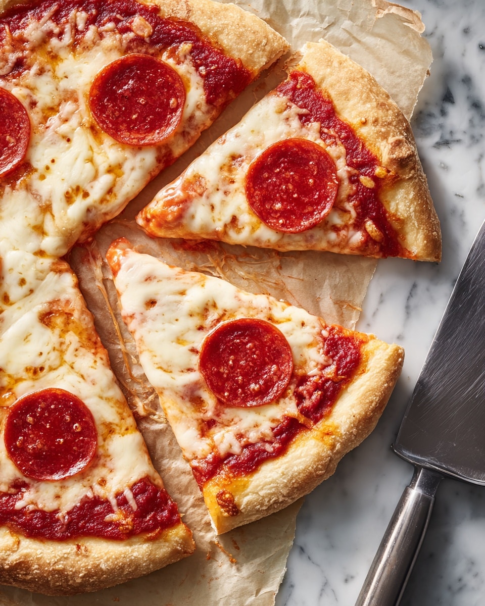 A close-up view of a ready-to-serve pizza showing one slice slightly lifted. The pizza has three visible layers: a light golden, slightly thick cheesy crust at the bottom with a textured, baked edge; a smooth, bright red tomato sauce layer in the middle; and a thick, melted white cheese layer on top, with a shiny, soft texture. Each slice is topped with a single round, reddish-brown pepperoni slice sitting near the center of the cheese layer. The pizza sits on light brown parchment paper with some oil stains and burnt spots visible. To the right of the pizza is a large shiny silver knife, and the background surface is a white marbled texture. photo taken with an iphone --ar 4:5 --v 7