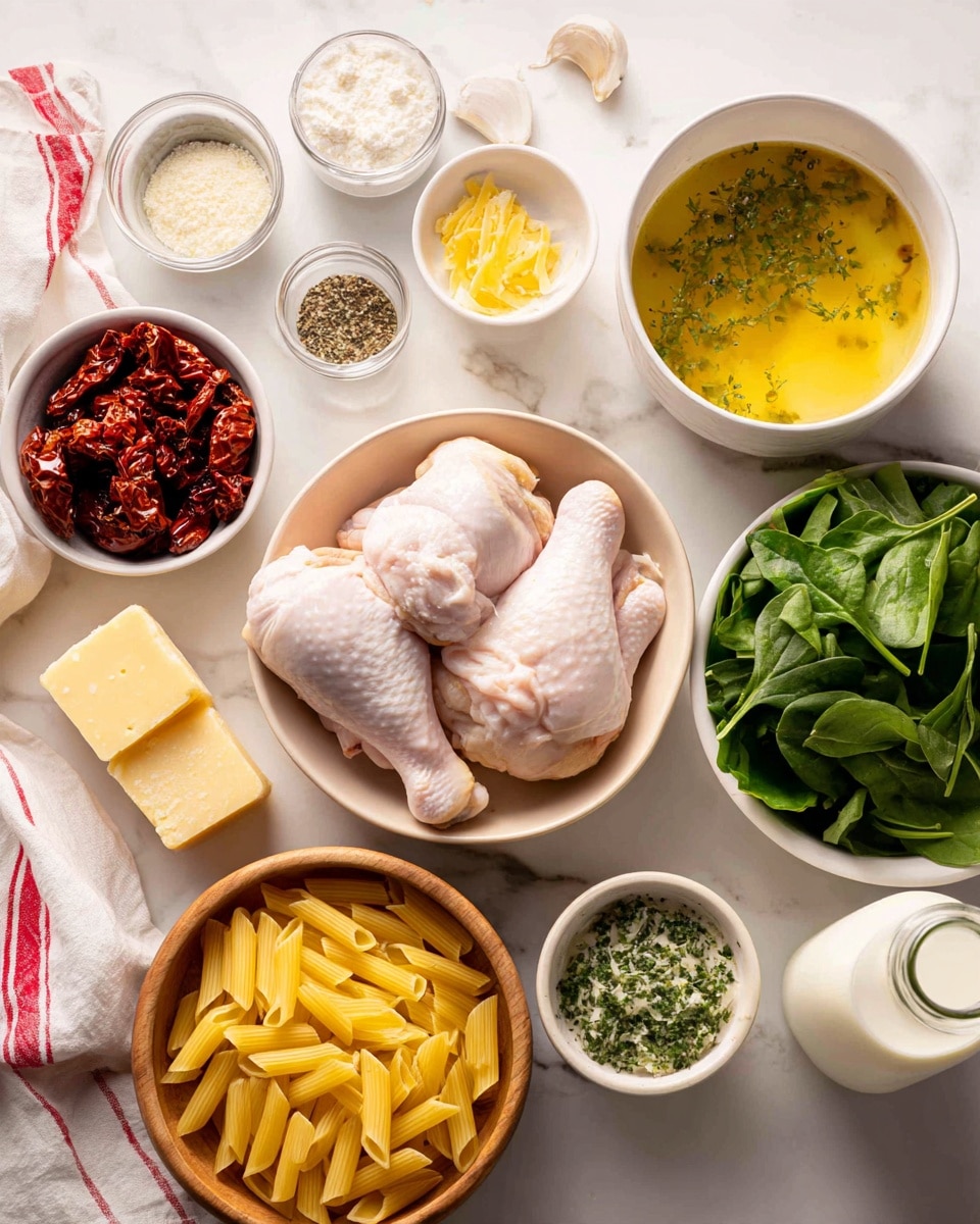 The image shows a flat white marbled surface with several small white bowls and dishes arranged neatly, each holding different ingredients: two raw chicken pieces in a beige bowl at the center, dried sun-dried tomatoes beside bright green leafy spinach on the right, a small wooden bowl of yellow penne pasta below, and a small white dish with a square of yellow butter near minced garlic cloves. There are also small bowls containing grated cheese, white ricotta cheese, salt, pepper, a green pesto sauce, and a round bowl of golden broth with green herbs floating on top. A glass bottle of milk is placed on the upper right side. A white cloth with red stripes is loosely seen on the upper left background. The scene is bright, clean, and well organized, photo taken with an iphone --ar 4:5 --v 7