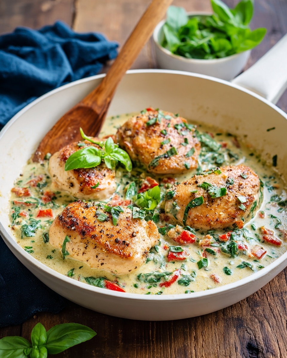 A white deep frying pan holds three golden brown cooked chicken pieces on top of a creamy, pale green sauce mixed with small diced red tomatoes and green herbs. The chicken pieces have a slightly crispy surface with light black pepper specks and are partially covered by the sauce. Fresh green basil leaves are sprinkled on top as a garnish. A wooden spatula rests on the edge of the pan beneath one chicken piece. The pan is placed on a wooden table surface with a small white bowl filled with green leaves nearby, and a dark blue cloth partially visible next to the pan. photo taken with an iphone --ar 4:5 --v 7