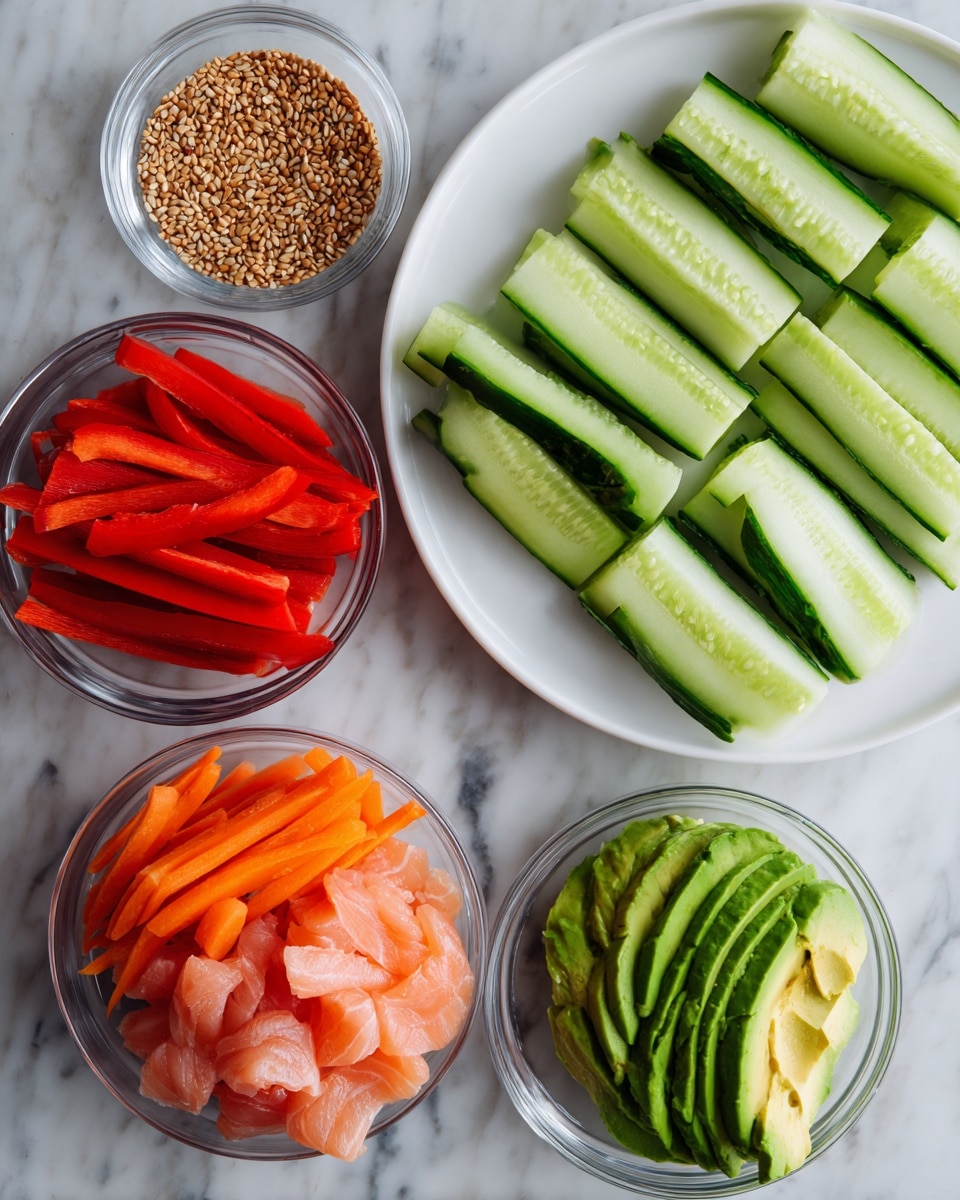 The image shows thinly sliced cucumber strips arranged in overlapping rows on a white plate at the top right. Around the plate, there are five small clear glass bowls placed on a white marbled surface: one bowl contains light brown sesame seeds at the top left, another bowl has red bell pepper sticks to the middle left, an additional bowl near the bottom left holds pieces of pink smoked salmon, the bowl in the center has orange carrot sticks, and the last bowl to the bottom right contains sliced green avocado arranged in a layered fanned pattern. All the ingredients are fresh and neatly organized. photo taken with an iphone --ar 4:5 --v 7
