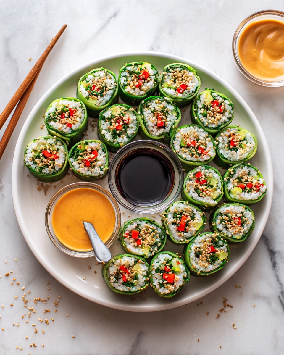 A white plate holds many cucumber sushi rolls arranged in a circle. Each sushi roll has three visible layers: the outer green cucumber layer, a middle white rice layer, and an inner mix of finely chopped red and orange vegetables. Light sesame seeds are sprinkled on top of the rolls. In the center of the plate, there are two small clear bowls, one with a dark soy sauce and the other with a creamy orange sauce with a small spoon in it. The plate sits on a white marbled surface with a pair of wooden chopsticks placed beside it. Photo taken with an iphone --ar 4:5 --v 7