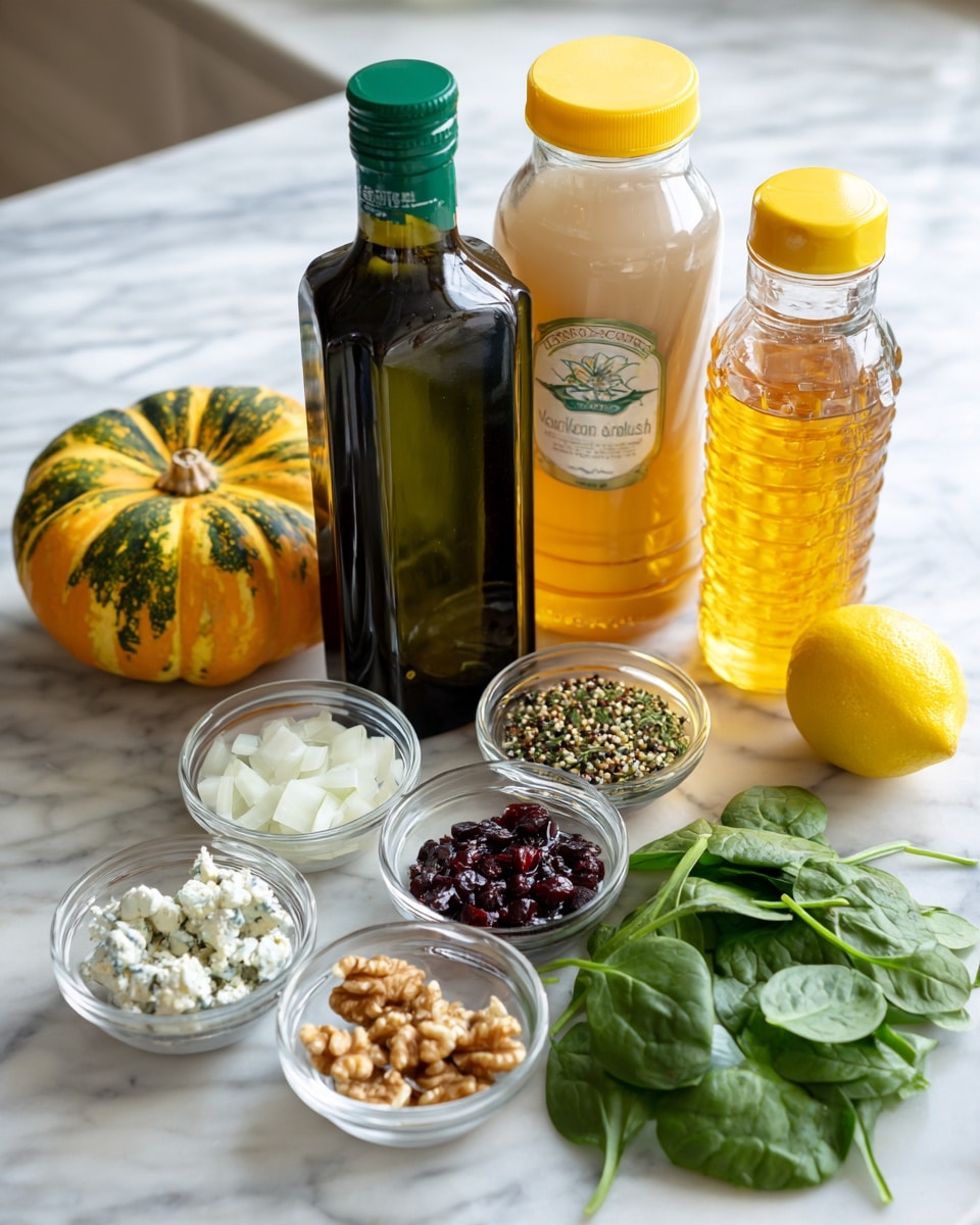 The image shows ingredients for cooking placed on a white marbled surface, including a dark green bottle of avocado oil at the back left, a beige container of maple syrup with a green cap behind the center, and a clear bottle of wildflower honey with a yellow cap at the back right. In front of these bottles, there are two small pumpkins, one yellow and green on the left and a darker green one next to it. At the front, several small clear bowls hold chopped onions, crumbled blue cheese, red quinoa, walnut pieces, and fresh green spinach leaves, while a whole lemon sits on the right side. A small glass jar of French thyme is also included near the spinach. photo taken with an iphone --ar 4:5 --v 7
