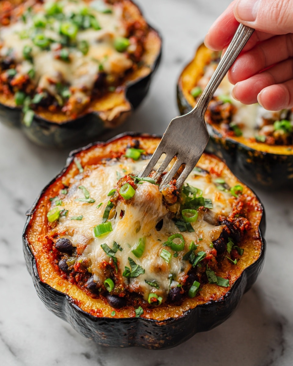 A close-up of two stuffed acorn squash halves placed on a white marbled surface, each with three visible layers: the dark brown, slightly charred acorn squash shell at the bottom; a thick middle layer of reddish-orange cooked filling mixed with black beans and small bits of vegetables; and a top layer of melted, golden and white cheese sprinkled with bright green sliced scallions and chopped herbs. A silver fork held by a woman's hand is digging into the front squash, lifting some of the cheesy filling. Photo taken with an iphone --ar 4:5 --v 7