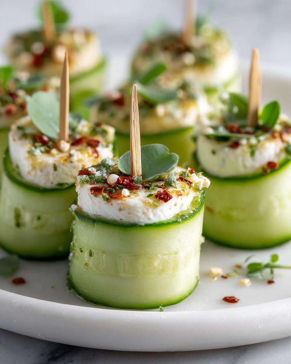 The image shows a close-up of several small cucumber rolls on a white plate, placed on a white marbled surface. Each roll has three visible layers: the outer layer is a thin, smooth, light green cucumber strip wrapped around the inside fillings. Inside, there is a creamy white layer that looks soft and thick, topped with a sprinkle of crushed red pepper flakes and small green herb leaves for decoration. Each cucumber roll is held together with a small wooden toothpick on the sides. The photo taken with an iphone --ar 4:5 --v 7