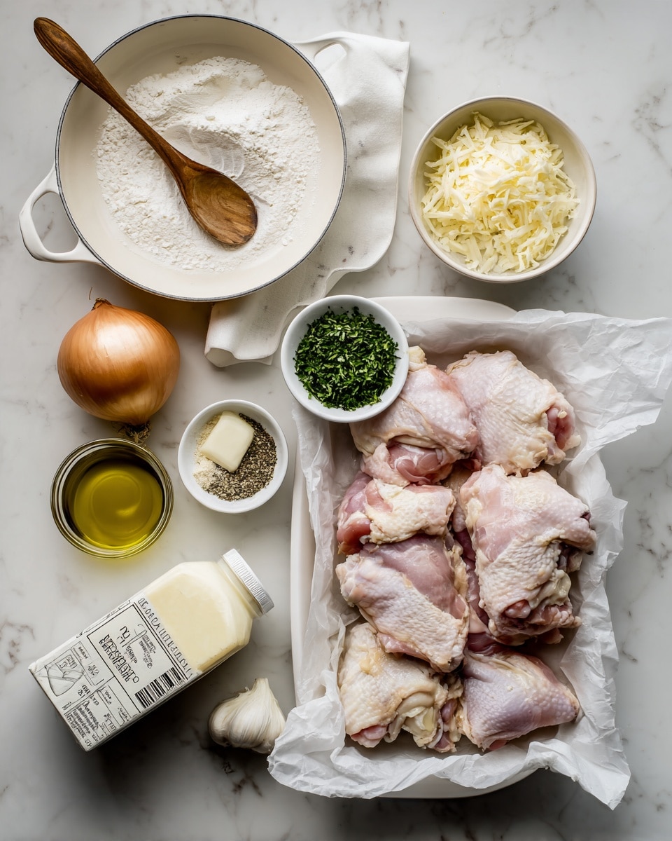 The image shows raw chicken pieces placed on white parchment paper inside a white tray on the right side. Around the chicken are several small white bowls and a small jar containing different ingredients, including chopped green herbs, white flour, black pepper, grated cheese, and minced garlic cloves scattered nearby. There is also a whole onion and a stick of butter on the white marbled surface beneath. A bottle of olive oil and a carton of heavy whipping cream are placed near the center of the scene, with a wooden spoon resting inside a white frying pan on the left side. The overall setup looks like all ingredients arranged for cooking chicken, all placed on a white marbled table texture photo taken with an iphone --ar 4:5 --v 7