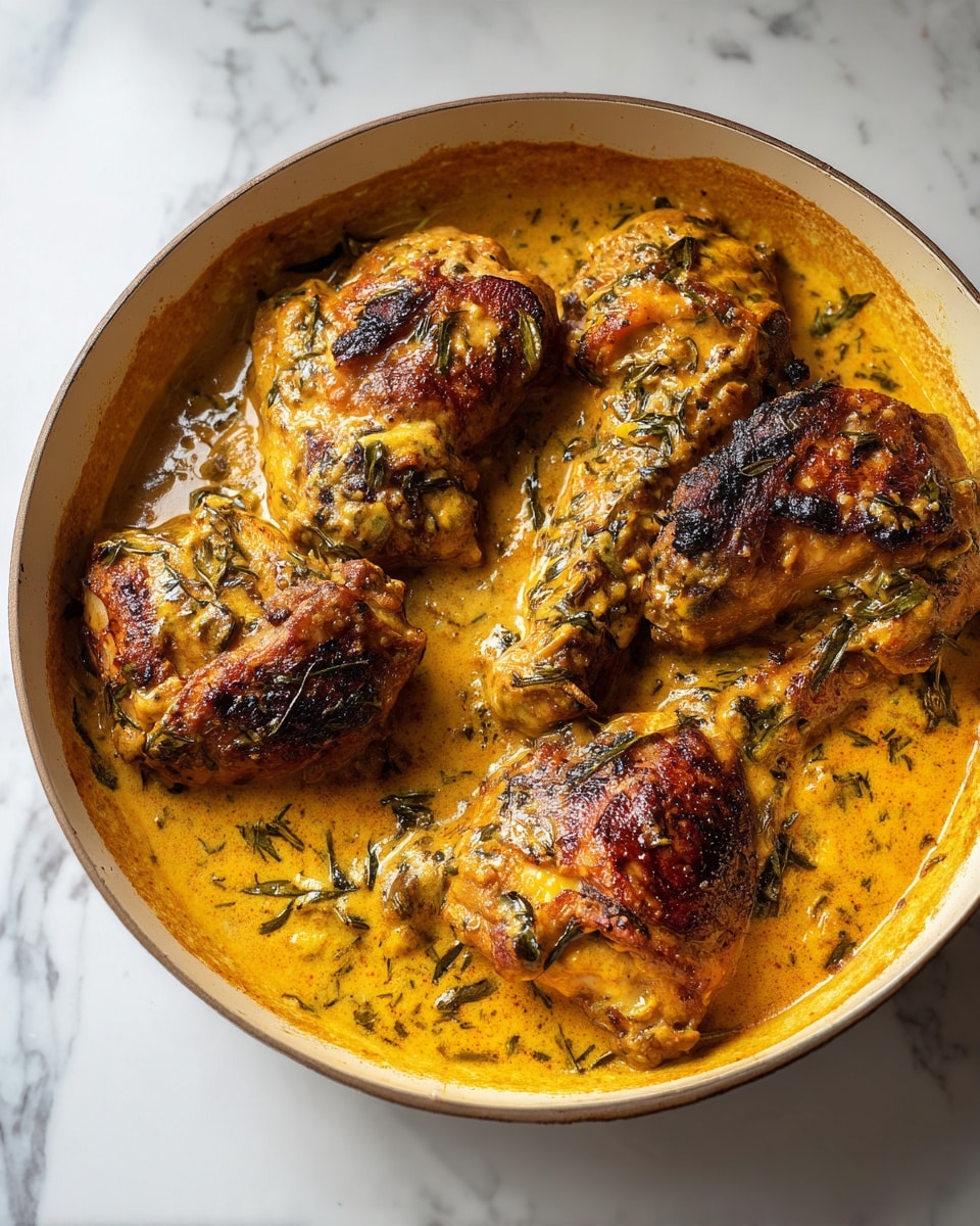 The image shows four pieces of cooked chicken in a round pan, covered with thick, creamy, yellow-orange sauce with herbs mixed in. The chicken pieces have a grilled texture with dark brown and crispy skin visible on the top. The sauce looks rich and smooth, filling the spaces between the chicken pieces. The pan is sitting on a white marbled surface, creating a contrast with the warm colors of the dish. photo taken with an iphone --ar 4:5 --v 7