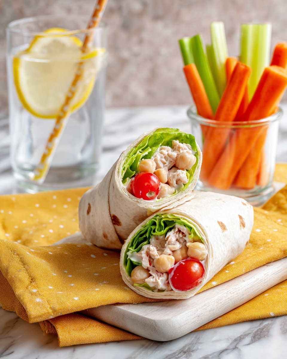 Two halves of a wrap are placed on a white wooden board over a yellow cloth, set on a white marbled surface. Each wrap is made with a soft, white tortilla that encloses a fresh, colorful filling. Inside, there are layers of green lettuce, red cherry tomato halves, beige chickpeas, and light tuna or chicken pieces mixed with a creamy white sauce. In the background, a clear glass cup holds vertical sticks of bright orange carrot and green celery, adding freshness and color contrast. A clear glass of water with a lemon slice and a carrot stick rest softly in the background. Photo taken with an iphone --ar 4:5 --v 7
