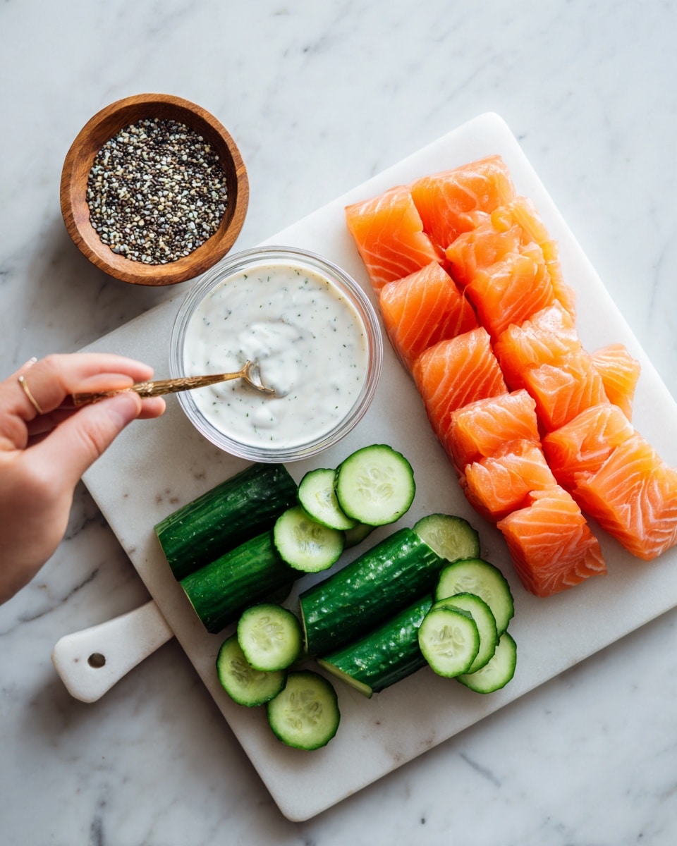 On a white cutting board placed on a white marbled surface, there are thin slices of orange salmon arranged in two groups on the right side. On the left side of the board, there are glossy, dark green cucumber slices laid out in a row. To the left of the board, a woman's hand is holding a small spoon stirring a small clear glass bowl filled with white creamy sauce. Above the board, there is a small wooden bowl filled with mixed black and white seeds. The scene is bright and clear, showing a clean and fresh food preparation. photo taken with an iphone --ar 4:5 --v 7
