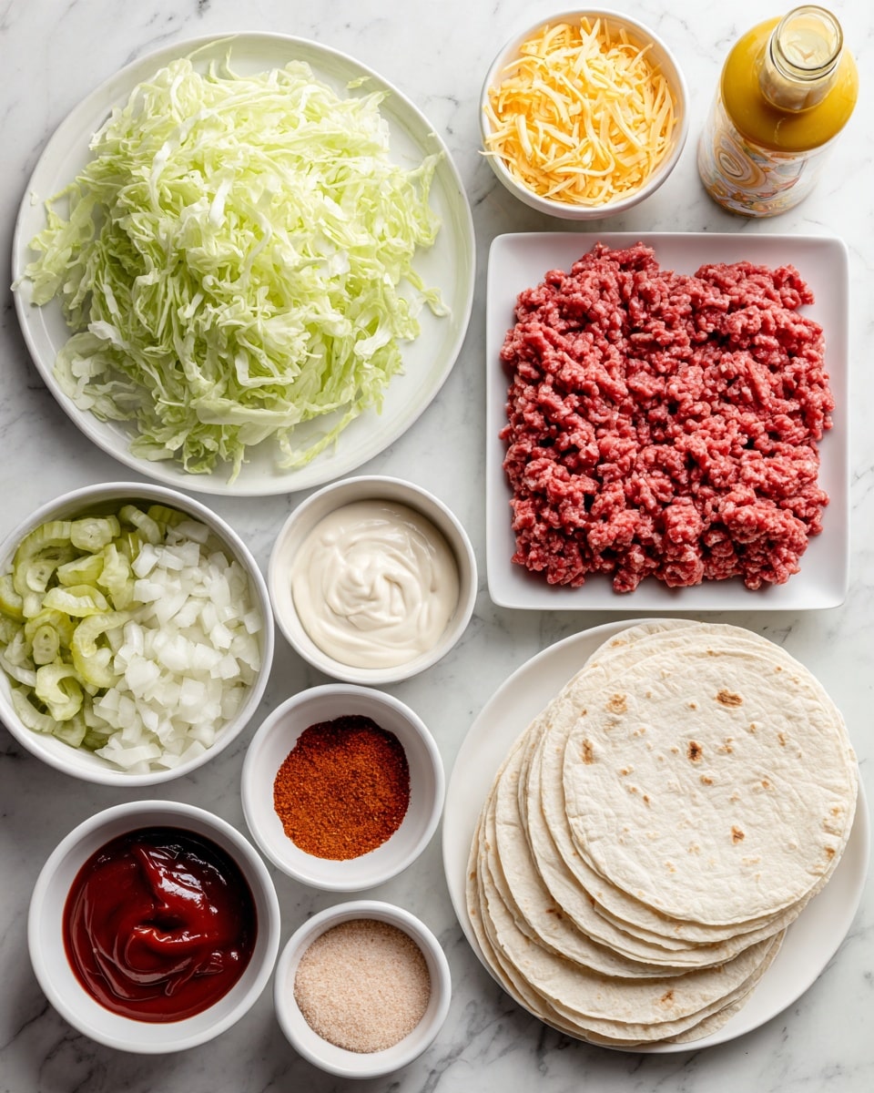 The image shows ingredients arranged neatly on a white marbled surface. There is a square white plate with raw ground beef that has a red color and soft, stringy texture. To its left, a white plate holds thin, light green shredded lettuce. Below the lettuce, several white tortillas are stacked on a white plate, with a smooth and slightly off-white color. Around these main items are small white bowls containing various ingredients: finely chopped pickles with a green tone, a creamy white sauce, a dark red ketchup-like sauce, finely chopped white onions, and a reddish-orange powdery spice. There is also a small white bowl with a pale beige powder mixture, bright yellow cheese slices stacked on the side, and a bottle of yellow mustard partially visible on the upper left. The arrangement shows a variety of colors and textures, all placed carefully for a clear view. photo taken with an iphone --ar 4:5 --v 7