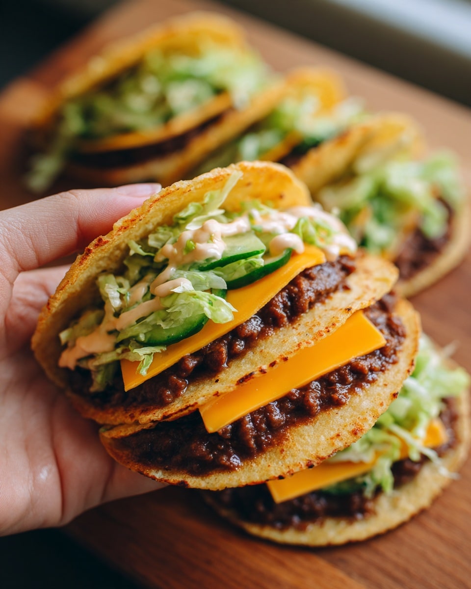 A close-up of a woman's hand holding a small round flat tortilla with four layers: the bottom layer is a light golden-brown tortilla, next is a dark brown refried bean spread evenly across the tortilla, followed by a bright orange square slice of cheddar cheese centered on the beans, and on top is a small pile of shredded green lettuce mixed with small pieces of sliced green pickles, all drizzled with a light tan creamy sauce. In the background, four similar tacos are placed on a wooden surface arranged in a loose circle. The image has a natural, warm tone, showing texture details on each layer clearly. photo taken with an iphone --ar 4:5 --v 7
