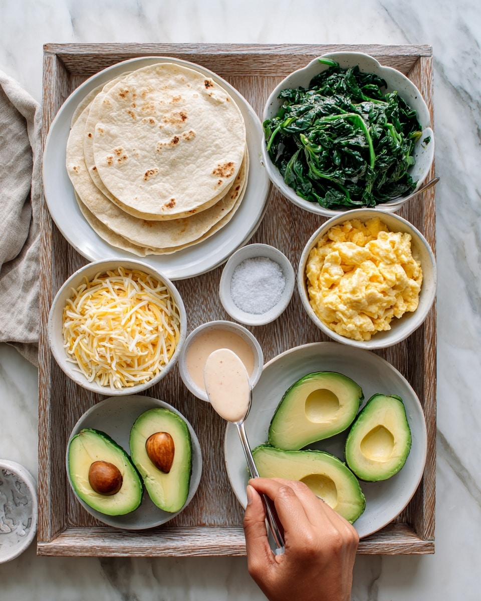 The image shows several white bowls and plates arranged on a wooden tray with a white marbled background. There is a stack of three light beige-colored tortillas on a white plate on the left side. Next to it, a small white bowl filled with shredded cheese, a white bowl with dark green cooked spinach, and a white bowl of fluffy yellow scrambled eggs are visible. In front of these, a white plate holds four halves of bright green avocados with their pits removed. A small clear bowl with white salt and a small white bowl with a creamy, light pink sauce and a spoon rest in the middle. A woman's hand holding a spoon is scooping some of the sauce. Photo taken with an iphone --ar 4:5 --v 7