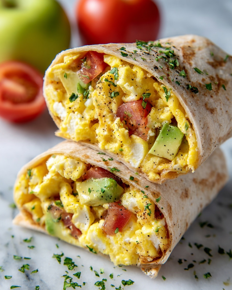 The image shows a close-up of a thick breakfast wrap cut in half and stacked, placed on a white marbled surface. The wrap has three main layers: the outer layer is a soft, light brown tortilla, inside there is a layer of bright yellow scrambled eggs mixed with small black pepper specks, and scattered chunks of creamy white cheese. Mixed within the eggs and cheese are pieces of green avocado and red tomato cubes. The wrap is topped with a sprinkle of chopped green herbs that add freshness and color. In the background, blurry green apples and red tomatoes can be seen. photo taken with an iphone --ar 4:5 --v 7