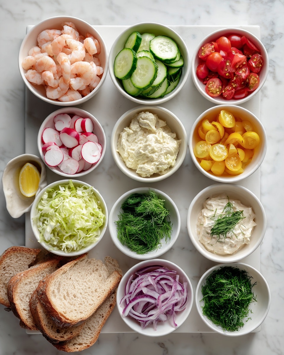 The image shows a top view of multiple small white bowls arranged neatly on a white marbled surface, each filled with different fresh ingredients. There are small white bowls with pink cooked shrimp, thinly sliced red radishes, sliced green cucumbers, yellow cherry tomatoes, light green shredded lettuce, finely chopped green dill, a creamy pale sauce, and light yellow olive oil. There are also a few slices of light brown bread arranged in the bottom left corner. The colors are fresh and bright, with soft textures of the shrimp and creamy sauce contrasting with the crisp vegetables, all presented in a clean, organized way. Photo taken with an iphone --ar 4:5 --v 7