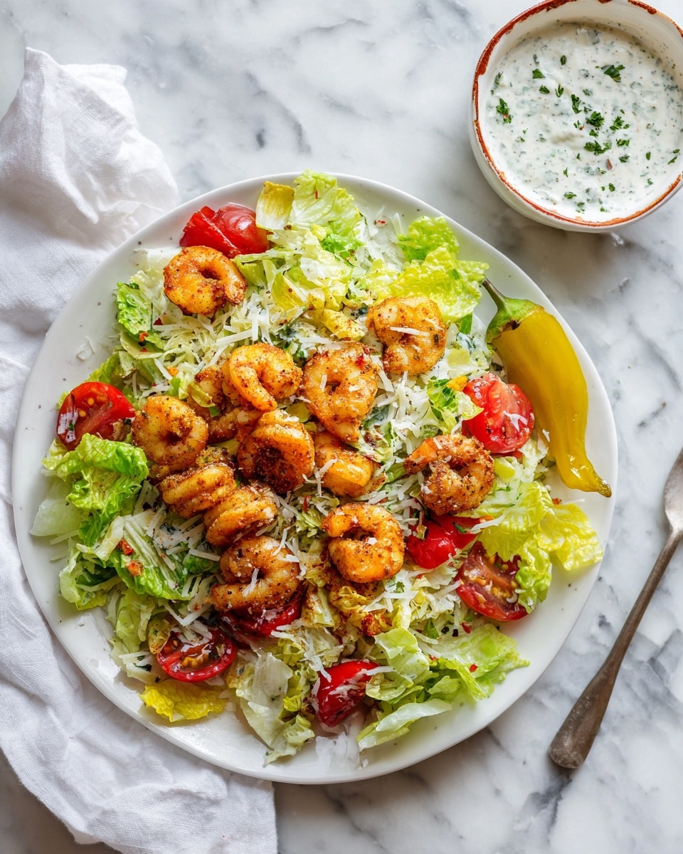 A white plate sits on a white marbled surface, filled with a fresh salad that has several bright green romaine lettuce leaves as the base layer. On top of the lettuce are layers of small, golden-brown fried shrimp evenly placed all over, along with scattered shredded white cheese strands. There are also slices of deep red tomatoes and small pieces of roasted red peppers mixed in. A single green pickled pepper rests near the edge of the plate. Next to the plate, on a white cloth napkin, there is a small white bowl with a reddish-brown rim filled with a creamy white sauce sprinkled with small green herbs. The overall image is bright and colorful with a clean, fresh look, photo taken with an iphone --ar 4:5 --v 7