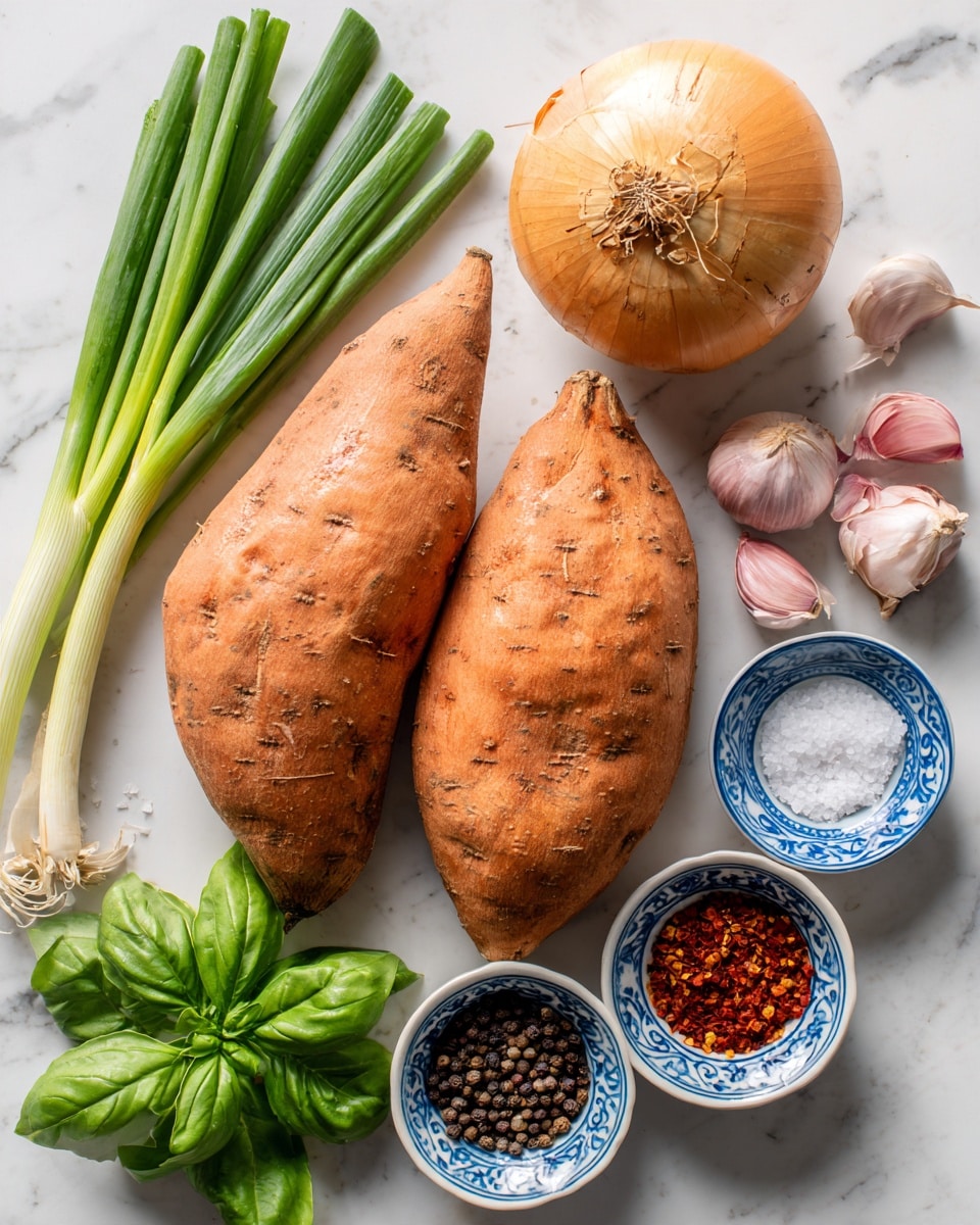 The image shows two large, rough-textured orange sweet potatoes placed side by side on a white marbled surface. Above them is a large round yellow onion with a dry skin and some cracks. To the left are two fresh green onions with thin white bulbs and green stalks. Next to the onion are three pinkish garlic cloves. On the right side, there are four small bowls: one with coarse white salt, one with whole black peppercorns, one with brown liquid, and one blue-and-white patterned bowl holding red chili flakes. At the bottom left, a small bunch of bright green basil leaves adds a fresh color contrast. The overall setup looks tidy and natural, with soft light coming from above. Photo taken with an iphone --ar 4:5 --v 7