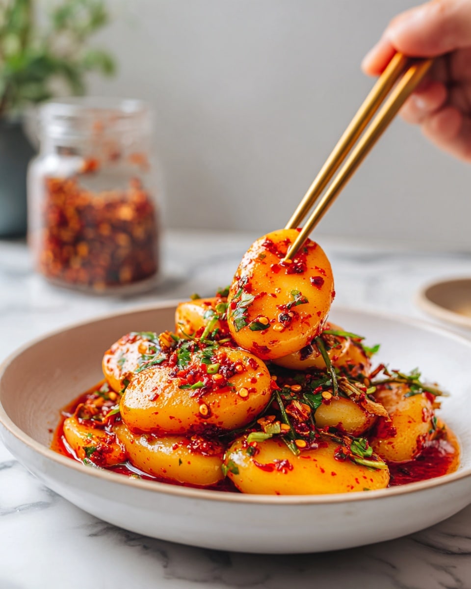 The image shows a close-up of thick, smooth, oval-shaped rice cakes coated in a bright red, oily chili sauce with small bits of chili flakes and green herb pieces sprinkled on top. Two long rice cakes are held upright by a pair of golden chopsticks, showing their shiny and slightly textured surface. The rice cakes lie in a shallow white bowl on a white marbled surface, with a blurred light background that includes a sugar jar. The sauce looks spicy and shiny, covering every piece of rice cake evenly, with fresh green herbs adding contrast. A woman's hand is holding the chopsticks. Photo taken with an iphone --ar 4:5 --v 7