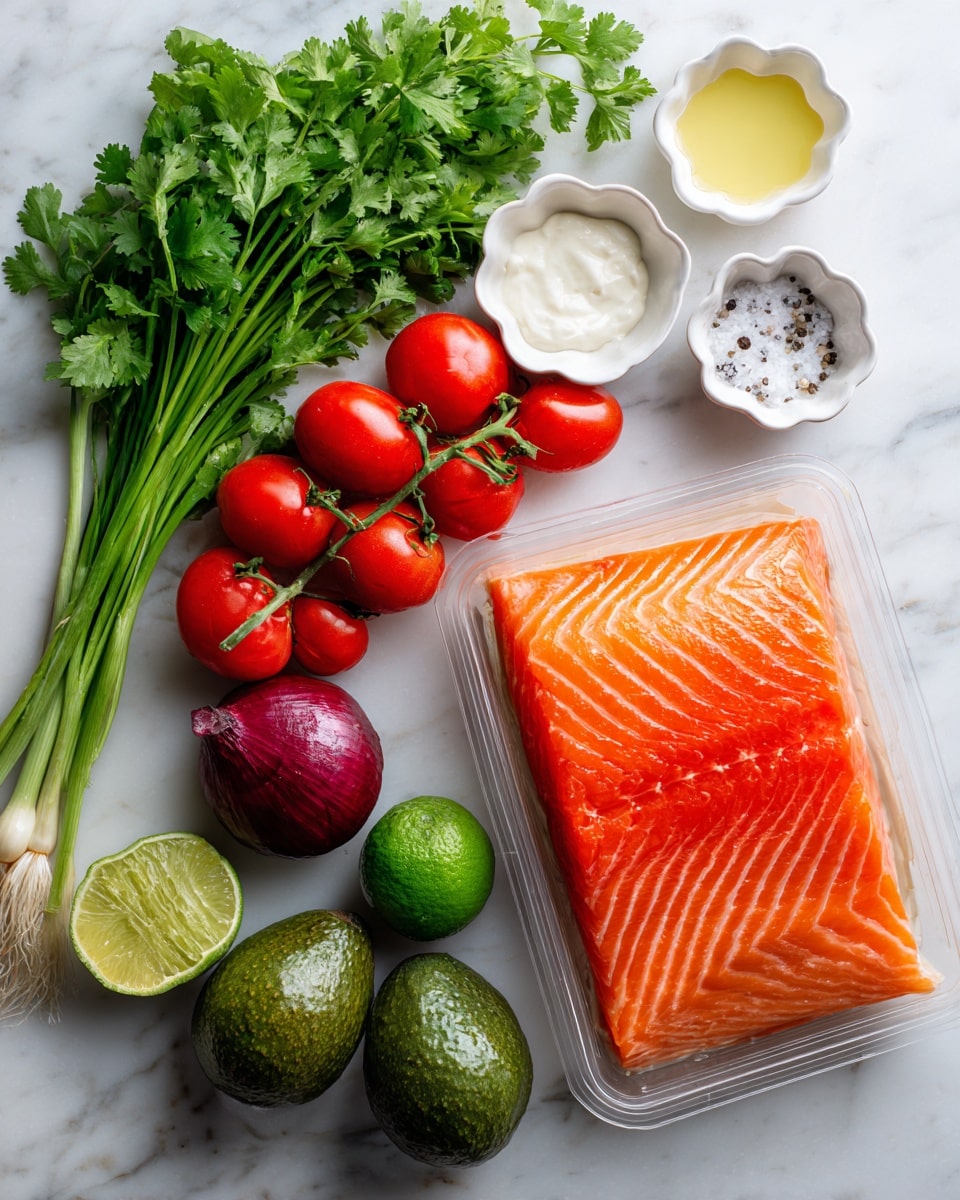 A clear, rectangular container with a large, fresh orange salmon fillet sits on the lower right of a white marbled surface; to its left are various ingredients arranged neatly: a bunch of bright red cherry tomatoes still on the vine, a vibrant green avocado with rough skin, a smooth green lime, a small round red onion, a single green onion with a long stalk, and a fresh bunch of green leafy cilantro at the top left. Small white scalloped bowls hold creamy white sauce, a small amount of oil, and salt and pepper on a small white dish, all on the white marbled background. The colors are vivid and fresh, with the salmon’s textured pattern clear against the glossy container. Photo taken with an iphone --ar 4:5 --v 7