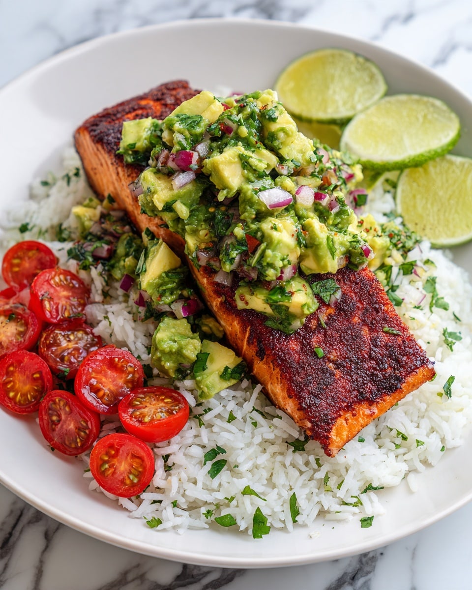 A white plate with a bed of white rice mixed with small green herbs as the bottom layer, topped in the center by a thick, grilled salmon fillet with a rich, reddish-brown crust. On top of the salmon, there is a chunky avocado salsa layer made of green avocado pieces, small red onion bits, and fresh green herbs. Around the salmon and rice, three bright red cherry tomatoes are sliced in half and placed neatly on the left, while two lime slices rest on the upper right edge of the plate, all placed on a white marbled surface. Photo taken with an iphone --ar 4:5 --v 7