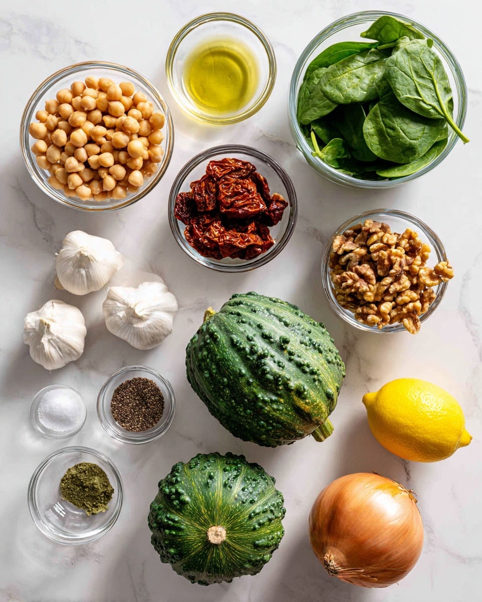 The image shows various fresh ingredients neatly arranged on a white marbled surface. There are two whole green acorn squashes with a bumpy texture placed near the center, alongside a small glass bowl filled with wrinkled sun-dried tomatoes soaked in oil. A larger glass bowl contains bright green spinach leaves with a smooth texture, while another glass bowl next to it holds light brown walnuts, chopped into pieces. A clear glass bowl of round, pale chickpeas is set on the left side. Small glass bowls hold a mix of ground spices, salt, and pepper. Nearby, there are three white garlic cloves, a yellow lemon, and a whole brown onion with a smooth, shiny skin. photo taken with an iphone --ar 4:5 --v 7