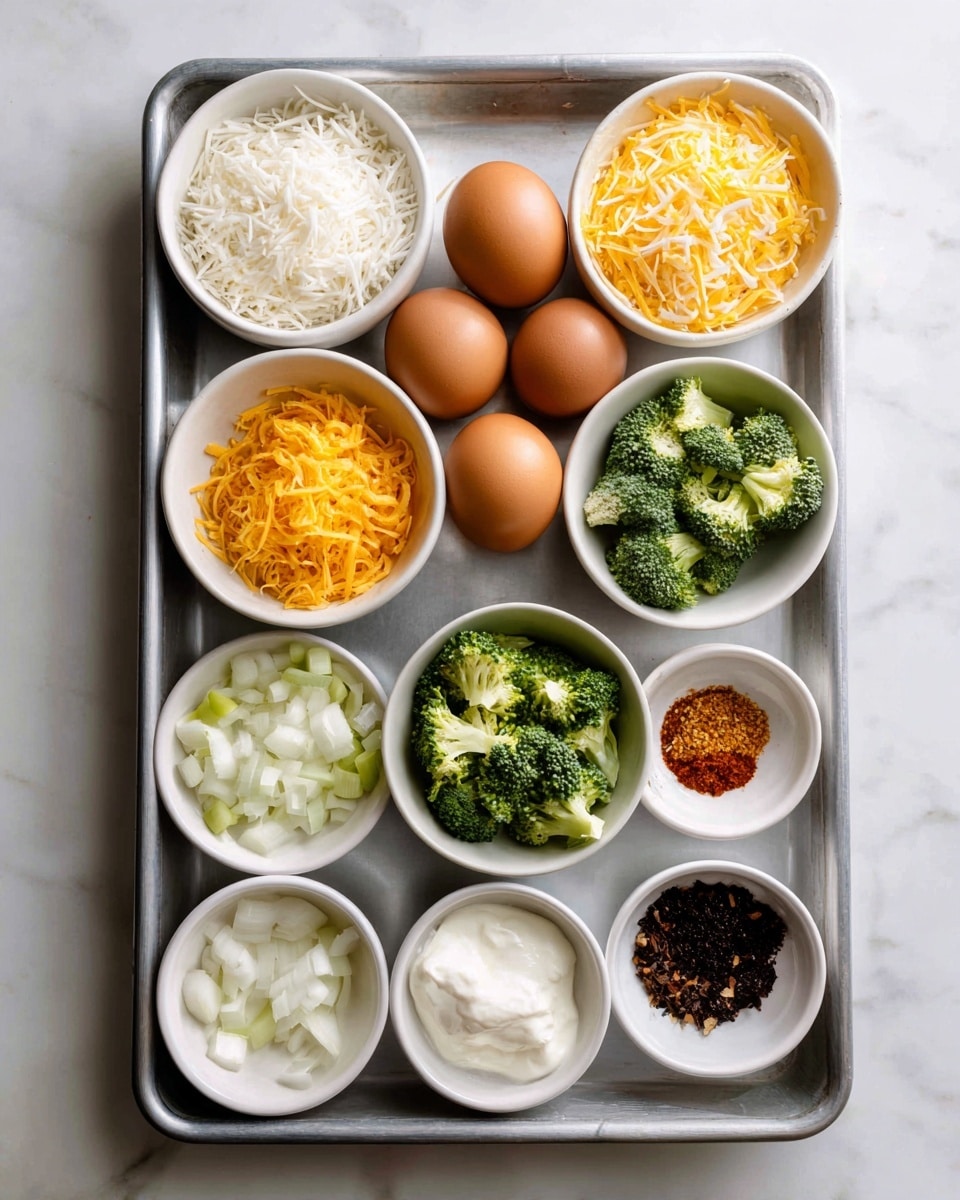 A metal tray holds ten small white bowls filled with different cooking ingredients on a white marbled surface. In the center is a bowl of brown eggs. To its left and right at the top are two bowls, one with white rice and the other with shredded yellow and white cheese. Below the eggs, there are smaller bowls arranged evenly: one with chopped orange pieces, one with chopped white onions, one with green broccoli florets, one with a white cream or sauce, and another with small dark brown pieces. There is also a small bowl with light brown and red spices. The bowls are neatly placed, showing bright colors and a variety of textures. photo taken with an iphone --ar 4:5 --v 7