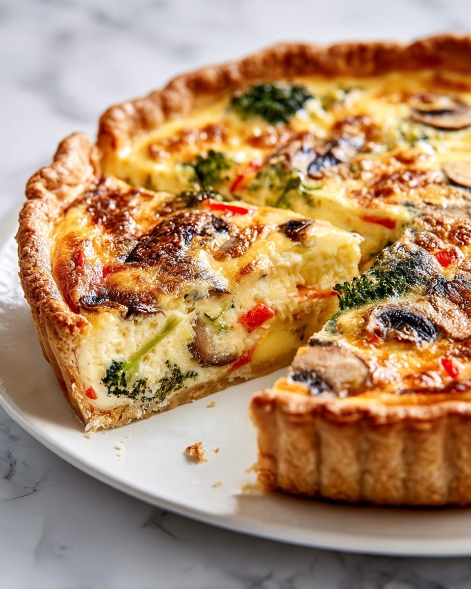 A round quiche with a golden-brown crust sits on a white plate, placed on a white marbled surface. The quiche has been sliced, showing a creamy yellow filling inside. The filling is filled with visible pieces of green broccoli, red bell peppers, brown mushrooms, and wilted spinach leaves, all layered evenly throughout. The crust is flaky and slightly thick around the edges. The quiche’s surface has a few browned spots from baking. photo taken with an iphone --ar 4:5 --v 7