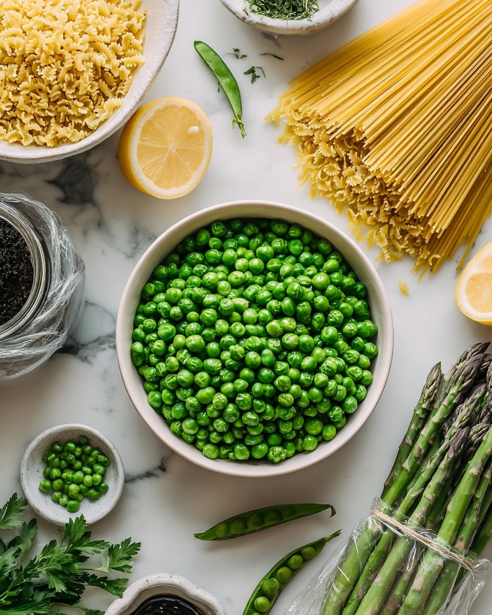 The image shows a white bowl filled with cooked green peas placed in the center on a white marble surface. Around it, there is a white bowl of yellow pasta on the left, an open jar of uncooked pasta spilling out above the bowl, and a bunch of fresh asparagus wrapped in clear plastic below. Scattered green pea pods and a sliced lemon half lie on the marble surface. Lime green herbs and a small white bowl with a dark sauce are also part of the arrangement. A woman's hand is slightly visible at the bottom left corner, touching some fresh parsley. The colors are fresh and vibrant with green, yellow, and white tones. photo taken with an iphone --ar 4:5 --v 7